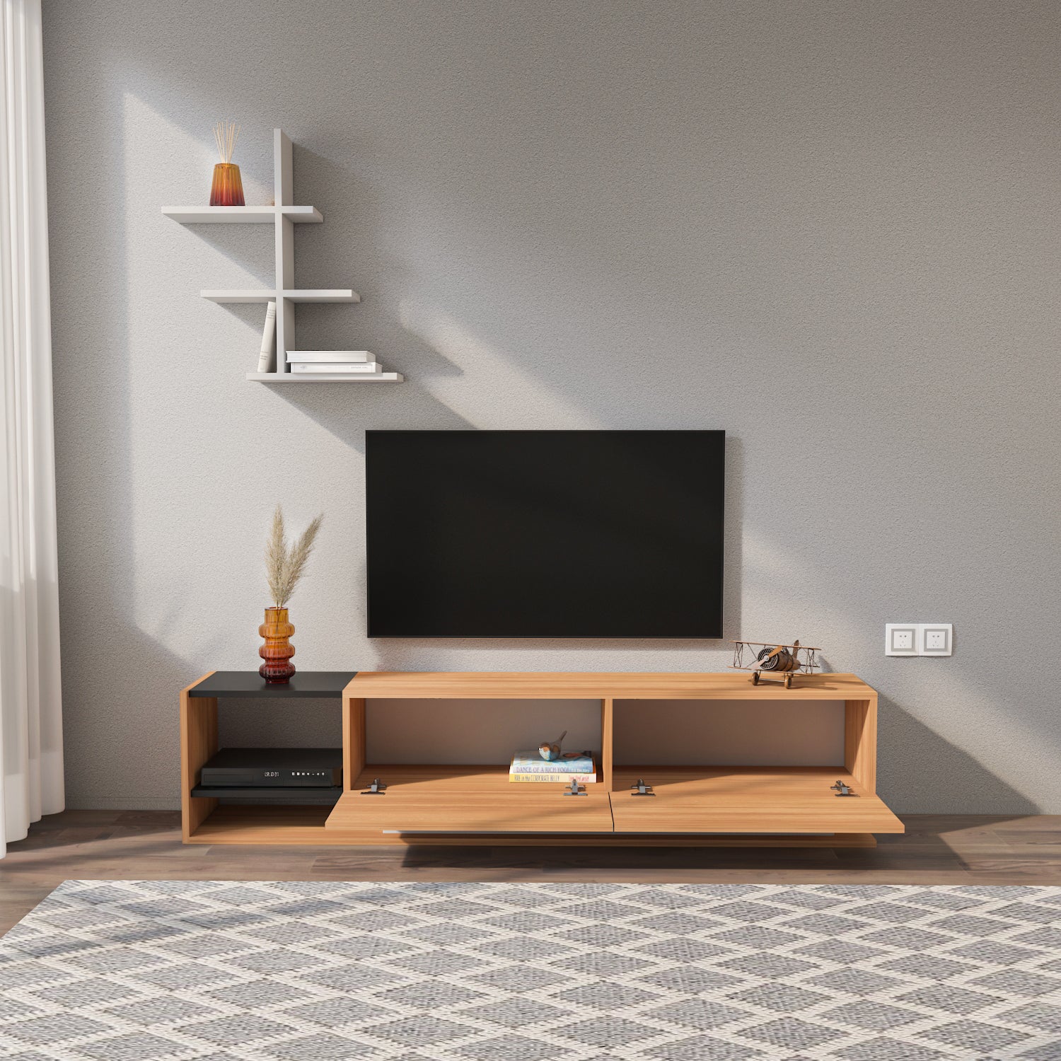 LIZA TV STAND - TEAK WHITE BLACK
