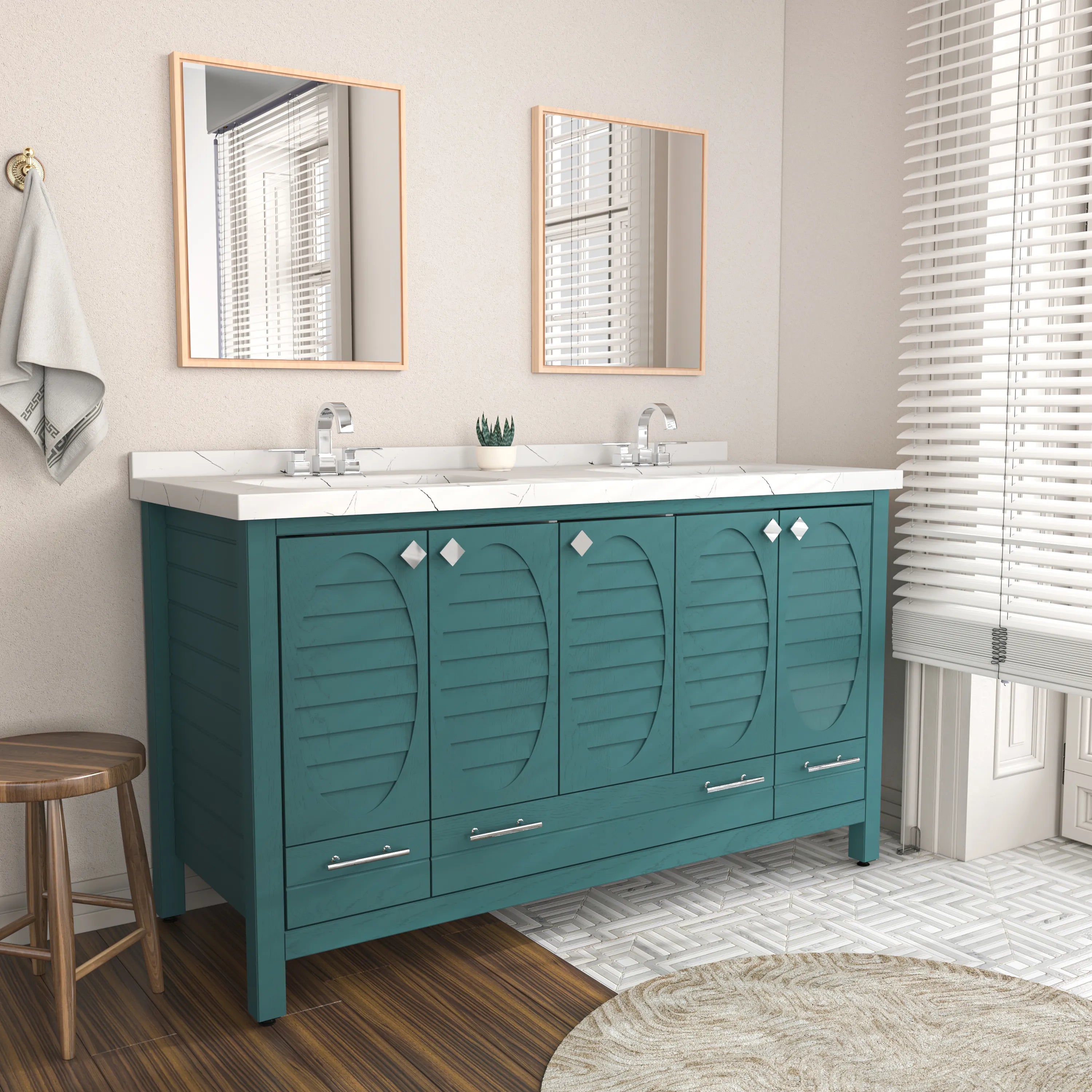 Papatya 59'' Wide Free-standing Double Bathroom Vanity with Engineered Marble Vanity Top