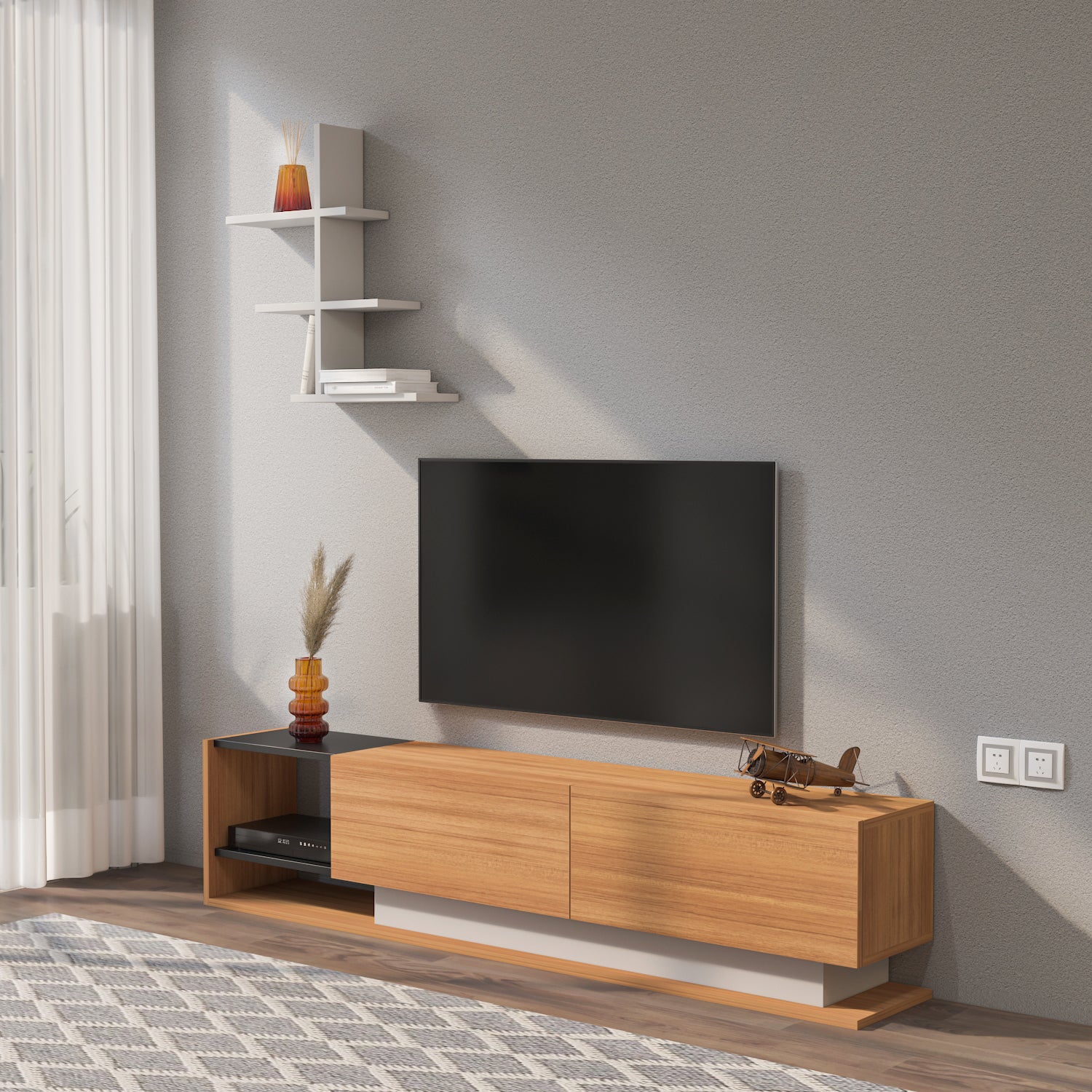 LIZA TV STAND - TEAK WHITE BLACK