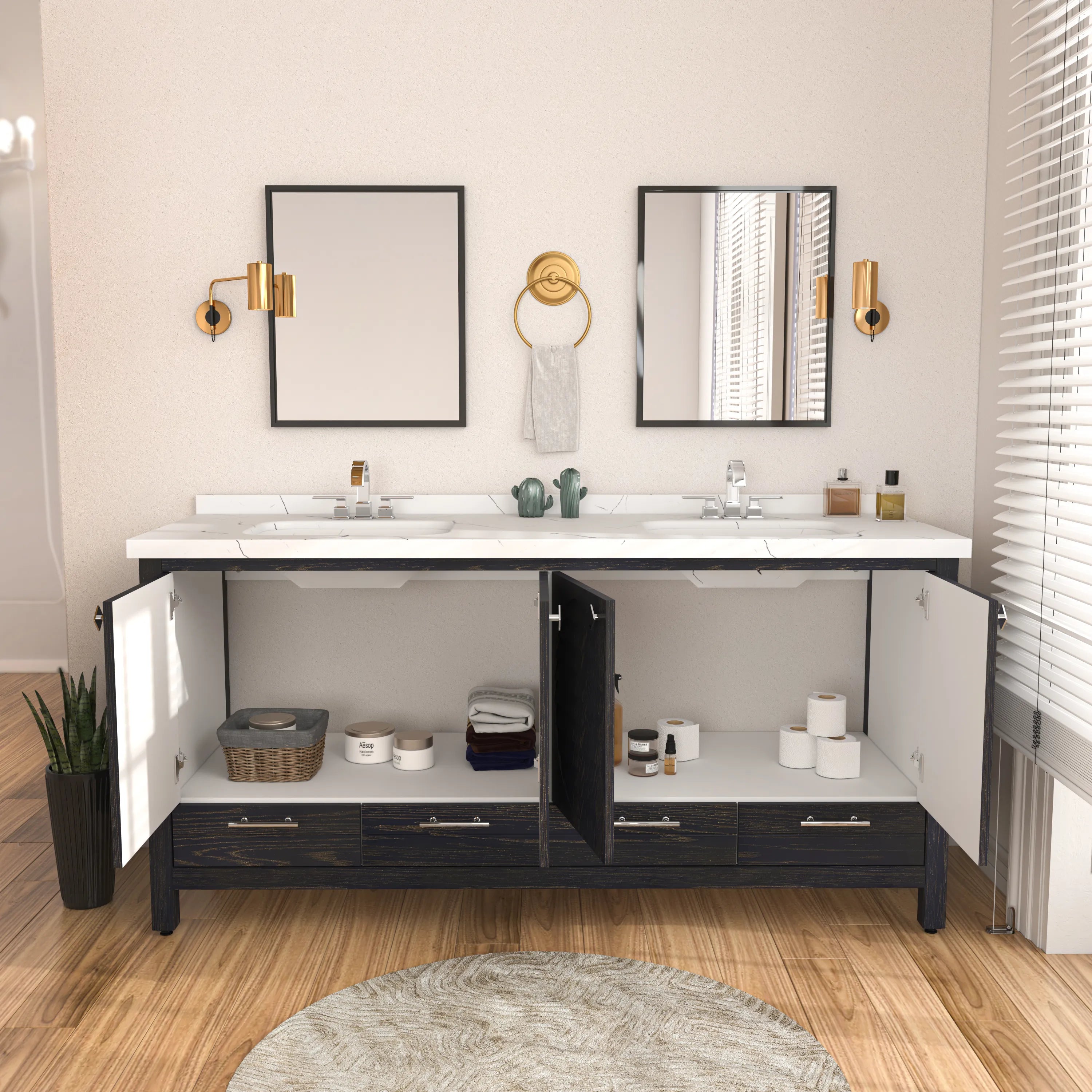 Papatya 71'' Wide Free-standing Double Bathroom Vanity with Engineered Marble Vanity Top
