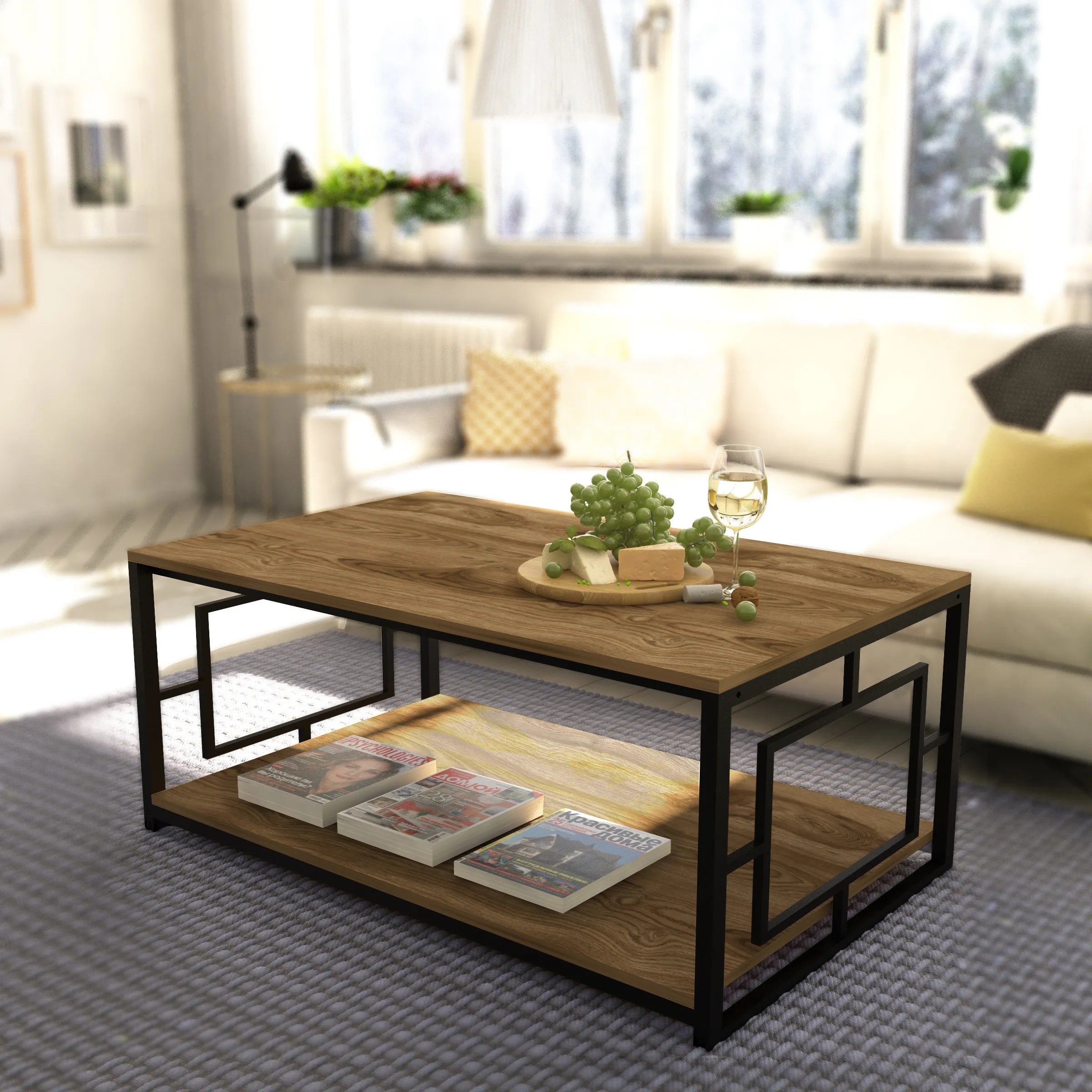 Kelvin 47" Wide Industrial Metal Frame Coffee Table | Cocktail Table