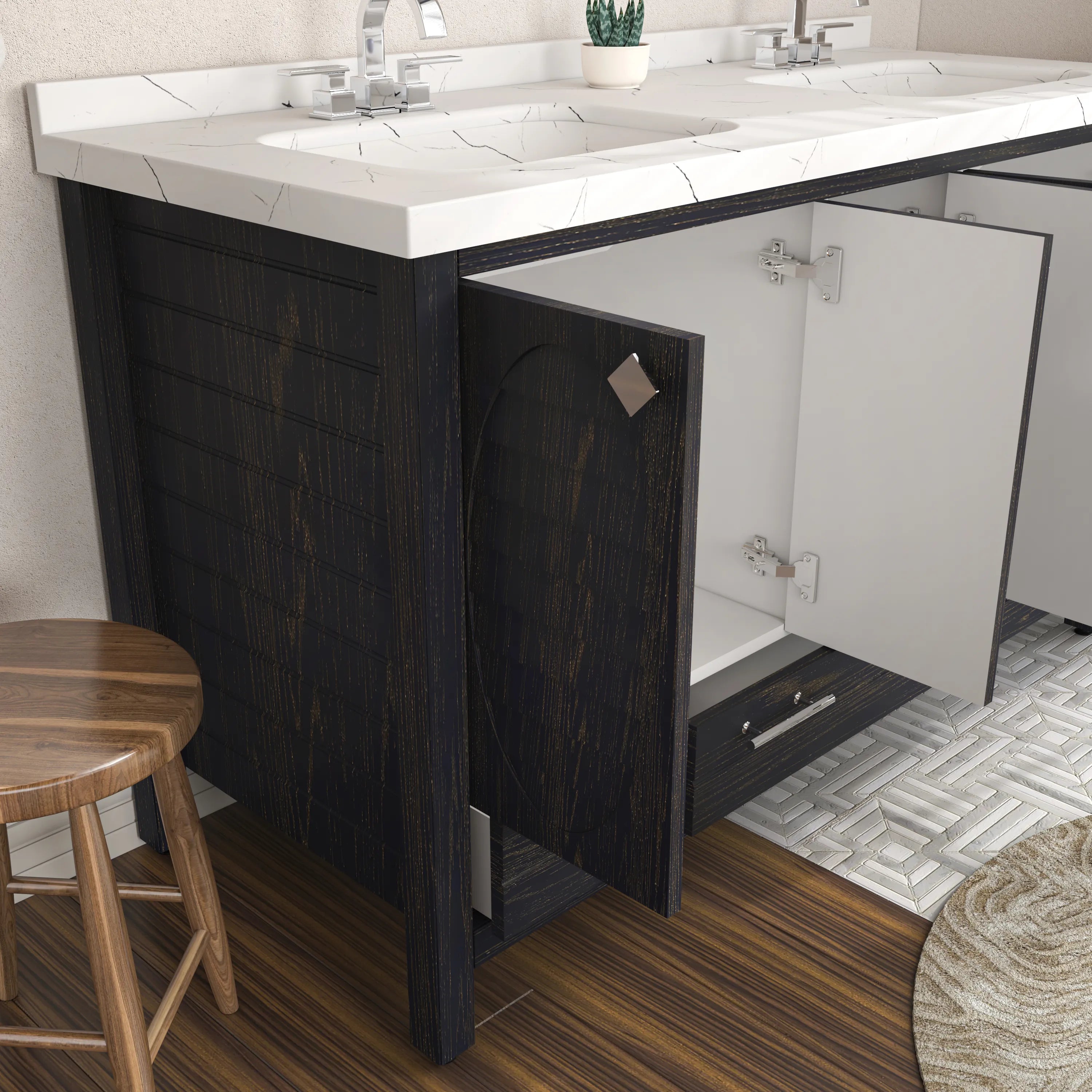 Papatya 59'' Wide Free-standing Double Bathroom Vanity with Engineered Marble Vanity Top