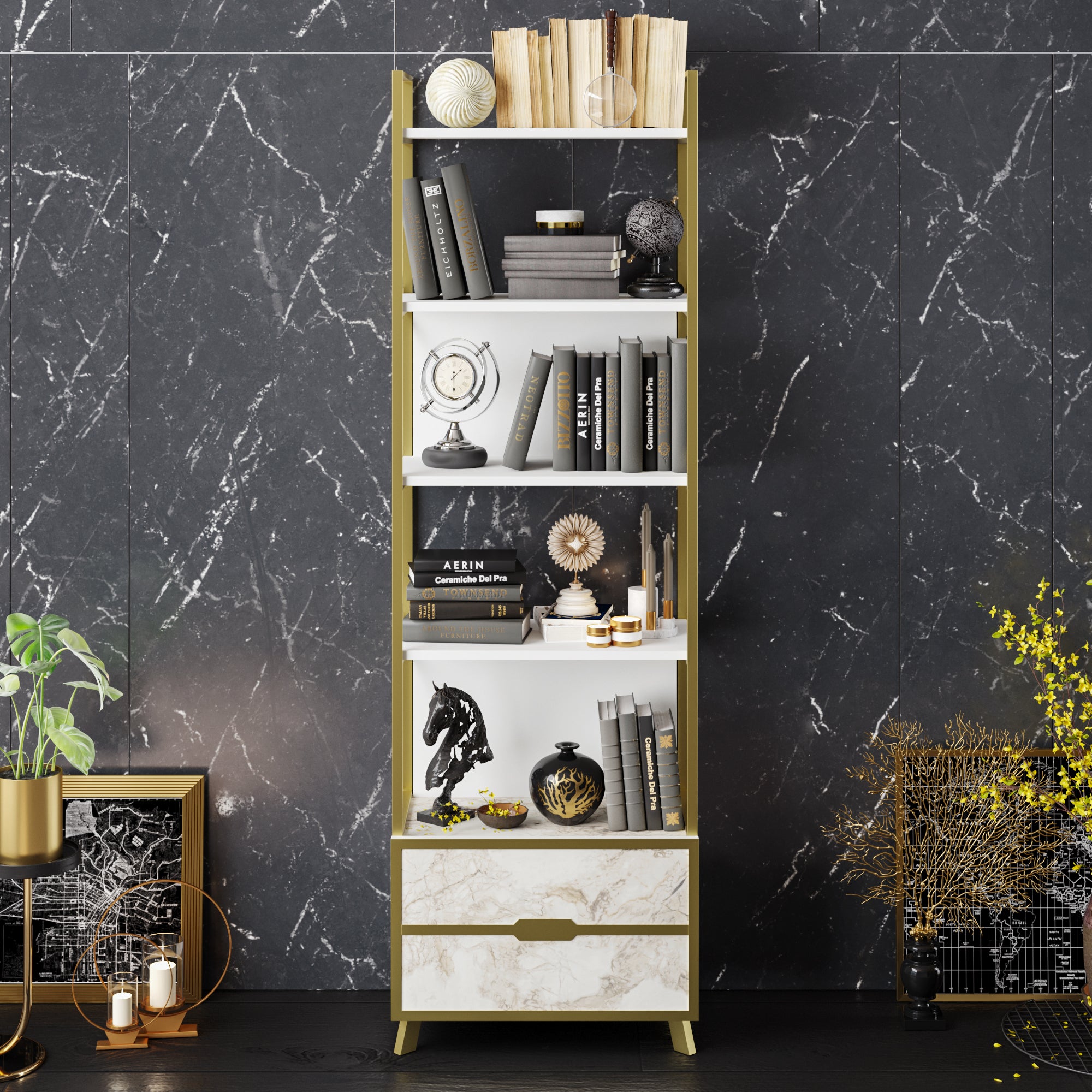 Frida 60 Bookcase - Ephesus Marble & Gold