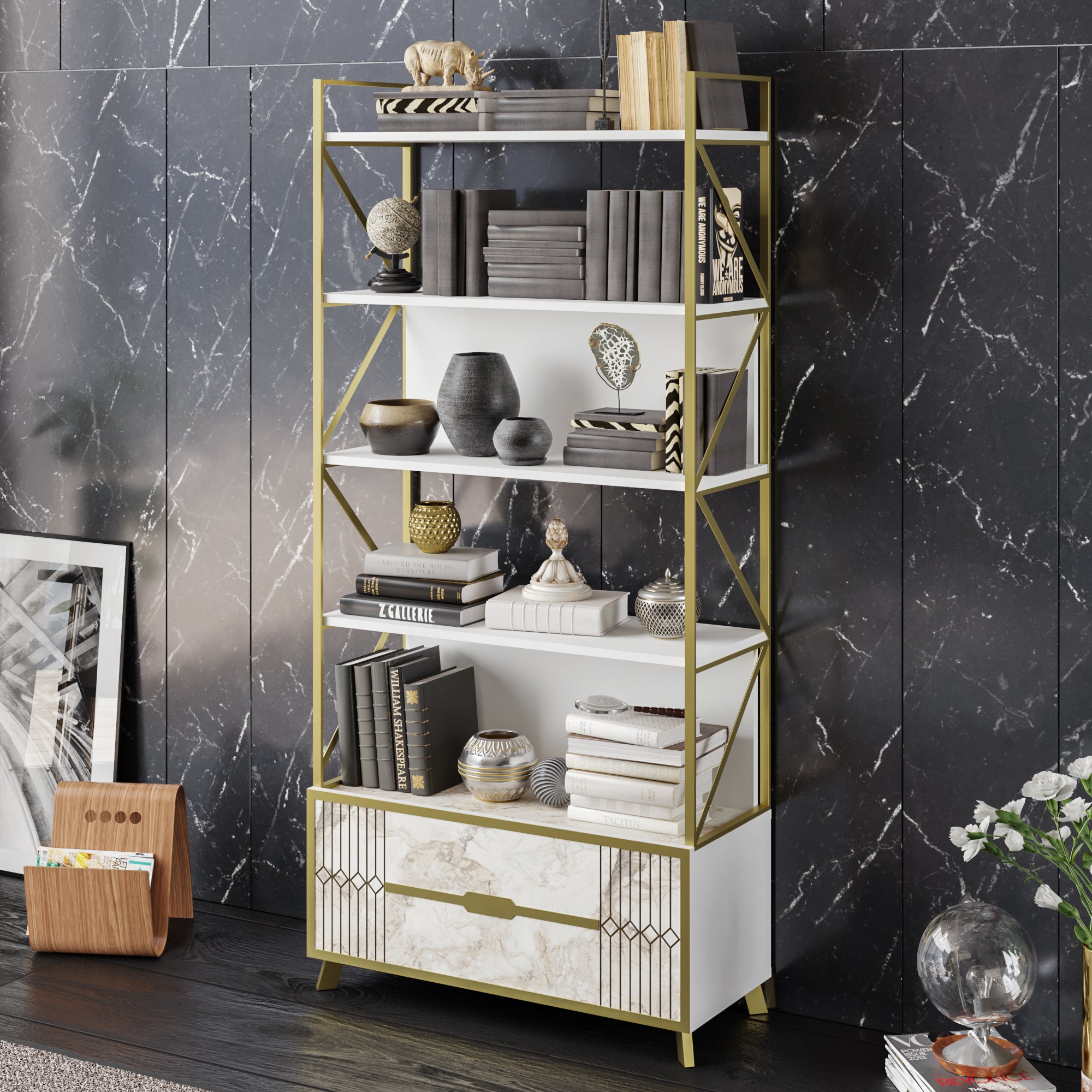 Frida 90 Bookcase - Ephesus Marble & Gold