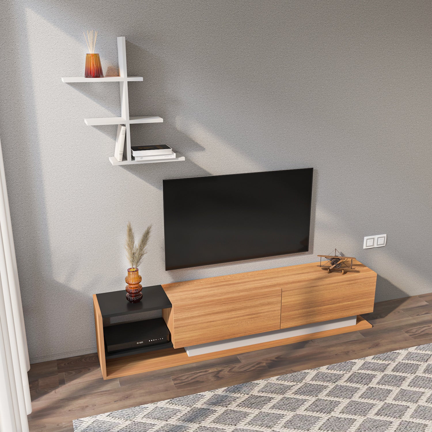 LIZA TV STAND - TEAK WHITE BLACK