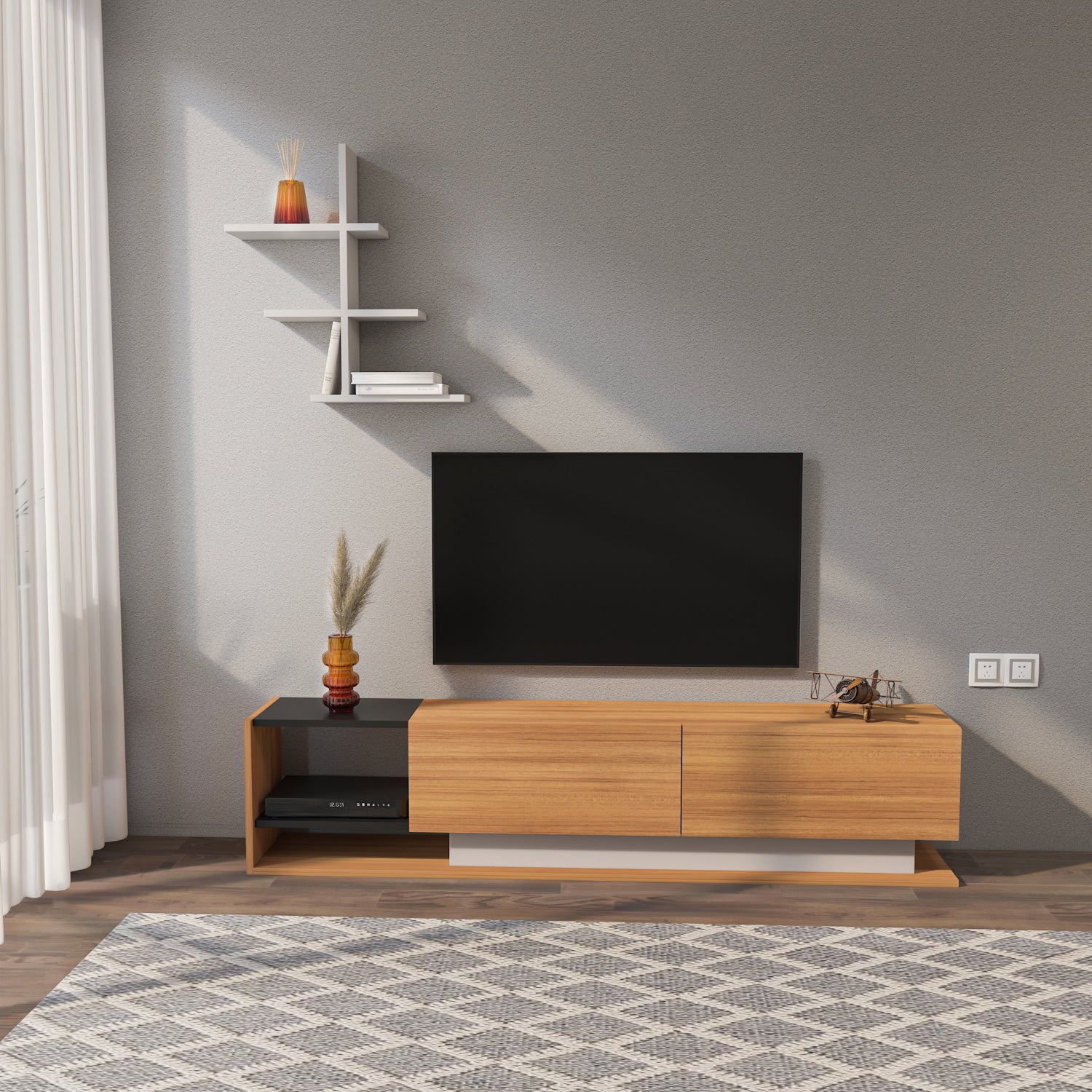 LIZA TV STAND - TEAK WHITE BLACK