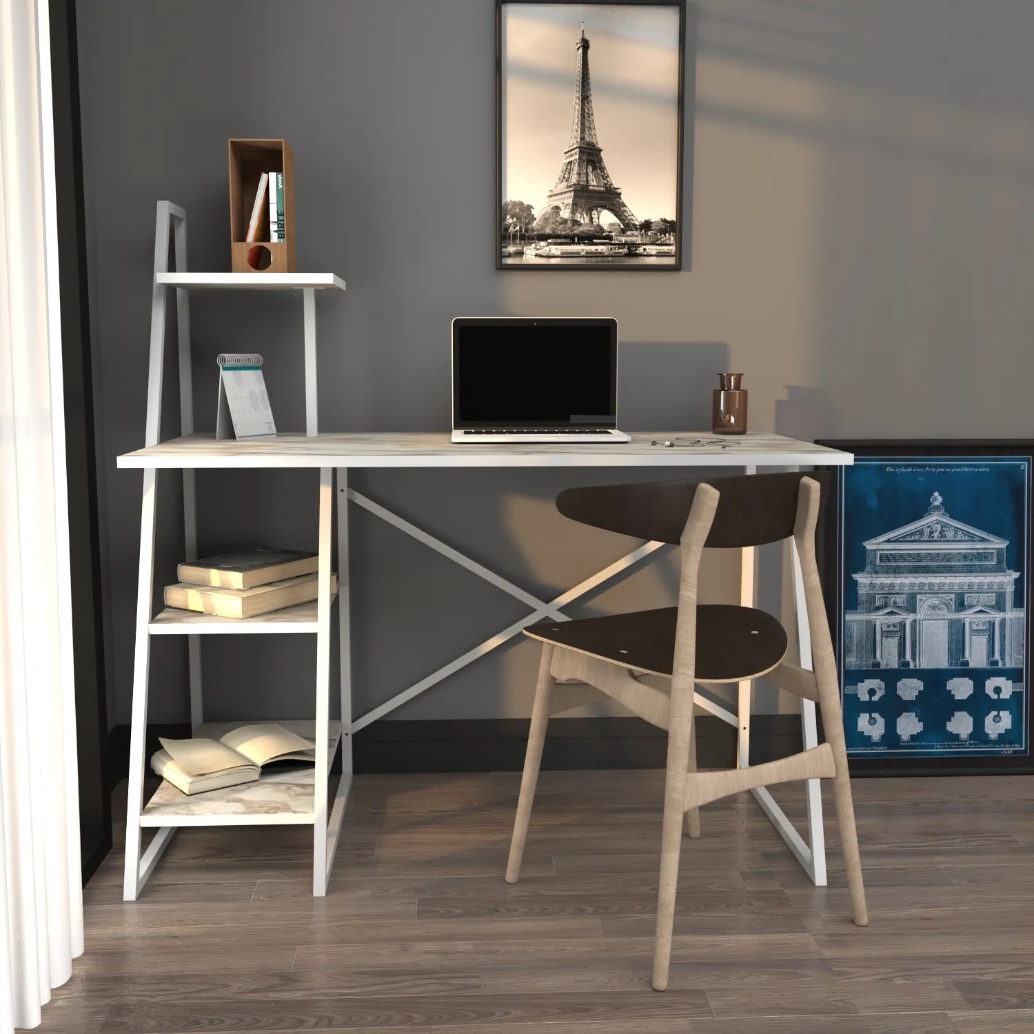 Admira 47 inch Wide Metal Wood Computer Writing Desk with Open Shelf Storage