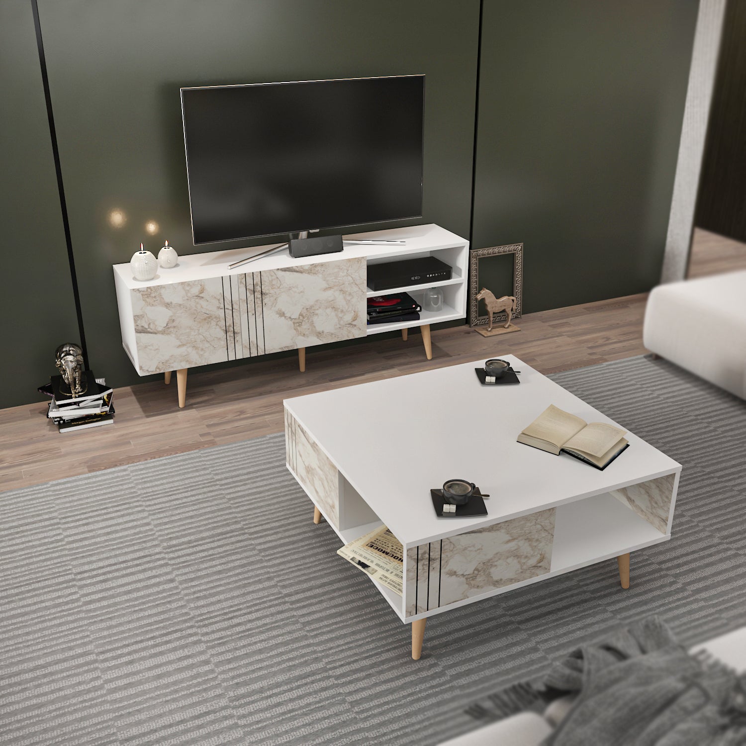 Decorotika Ronas Modern Living Room Set with Wood TV Stand and Wood Coffee Table
