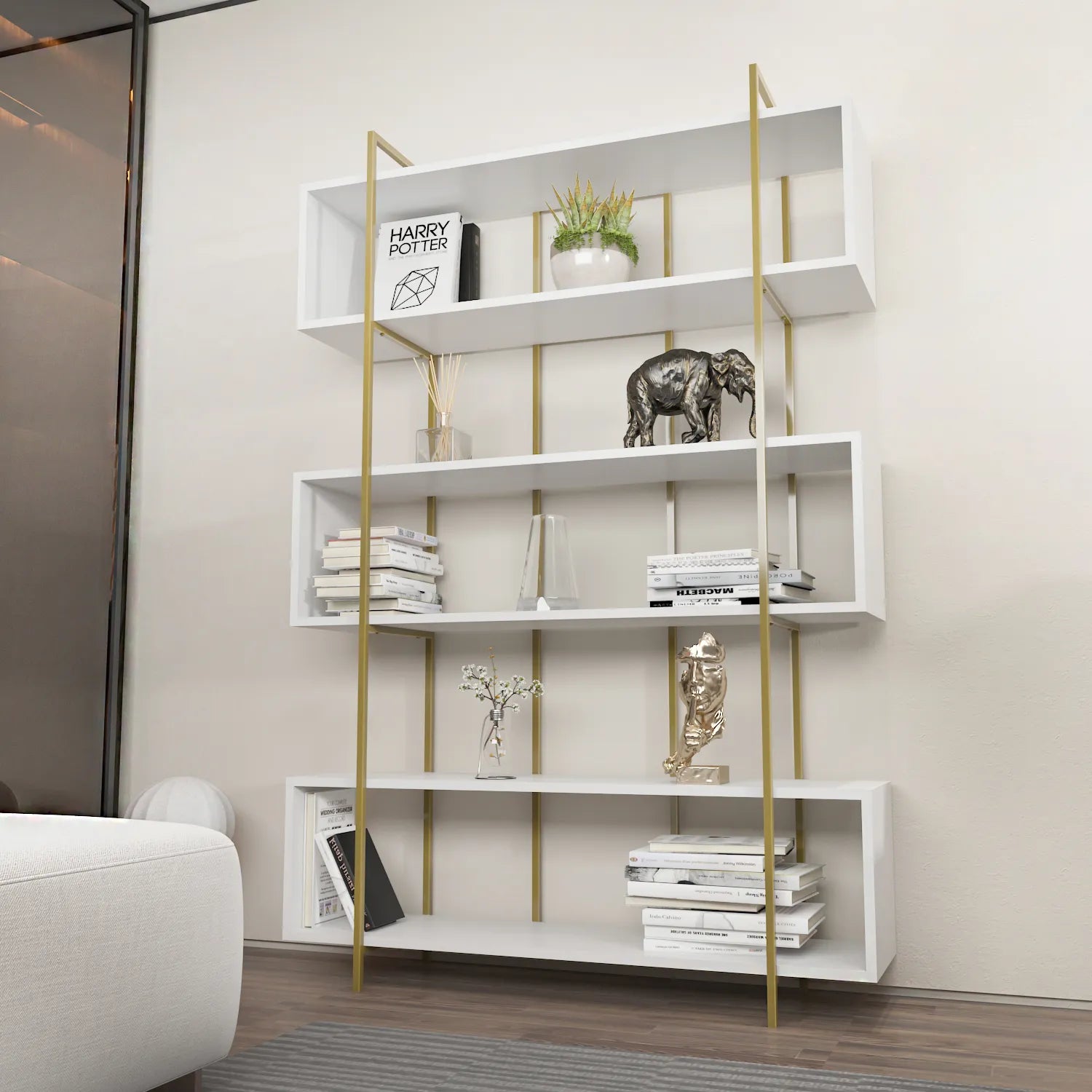 Bruti 71" Tall Geometric Metal Wood Bookcase | Bookshelf | Display Unit