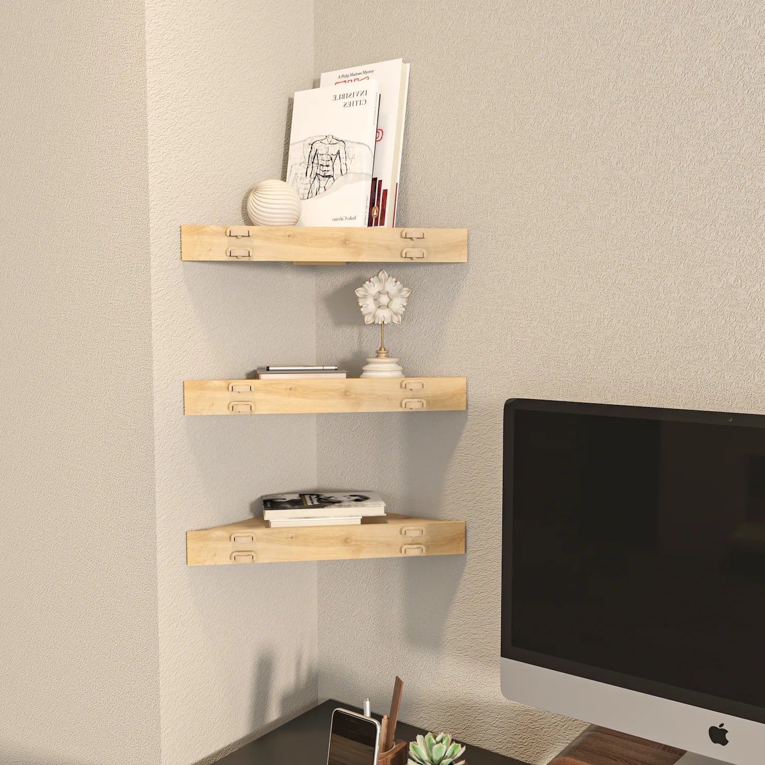 Edis 3 Piece MDF Corner Wall Shelf | Screwless Design