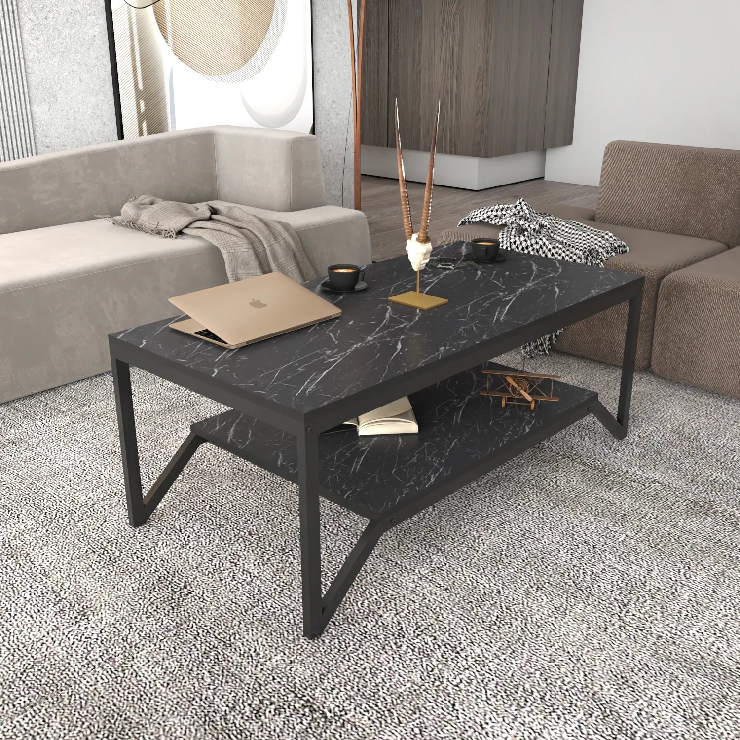 Flora 47" Wide Rectangular Modern Industrial Design Coffee Table | Cocktail Table