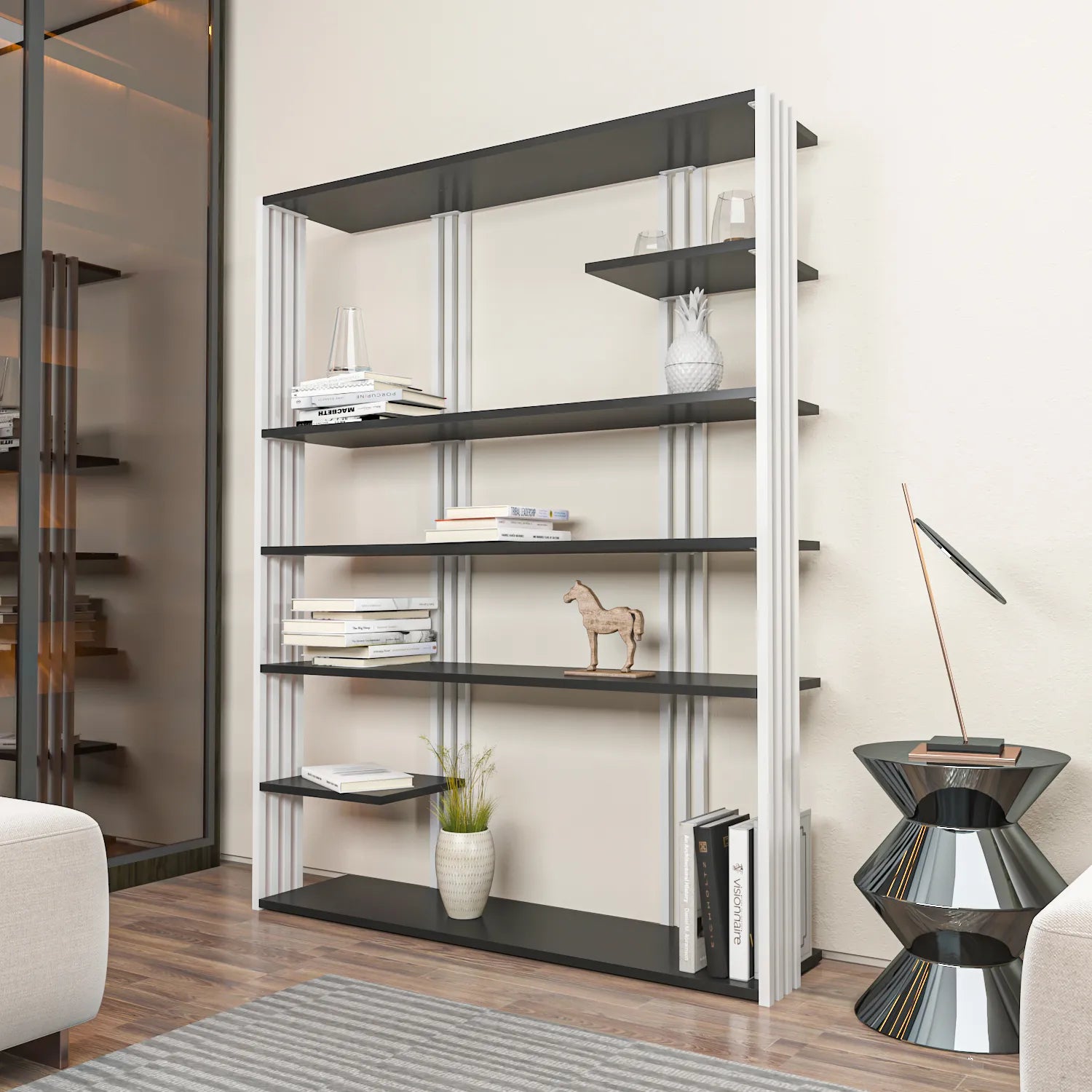 Jeni 63" Tall Metal Wood Bookcase | Bookshelf | Display Unit