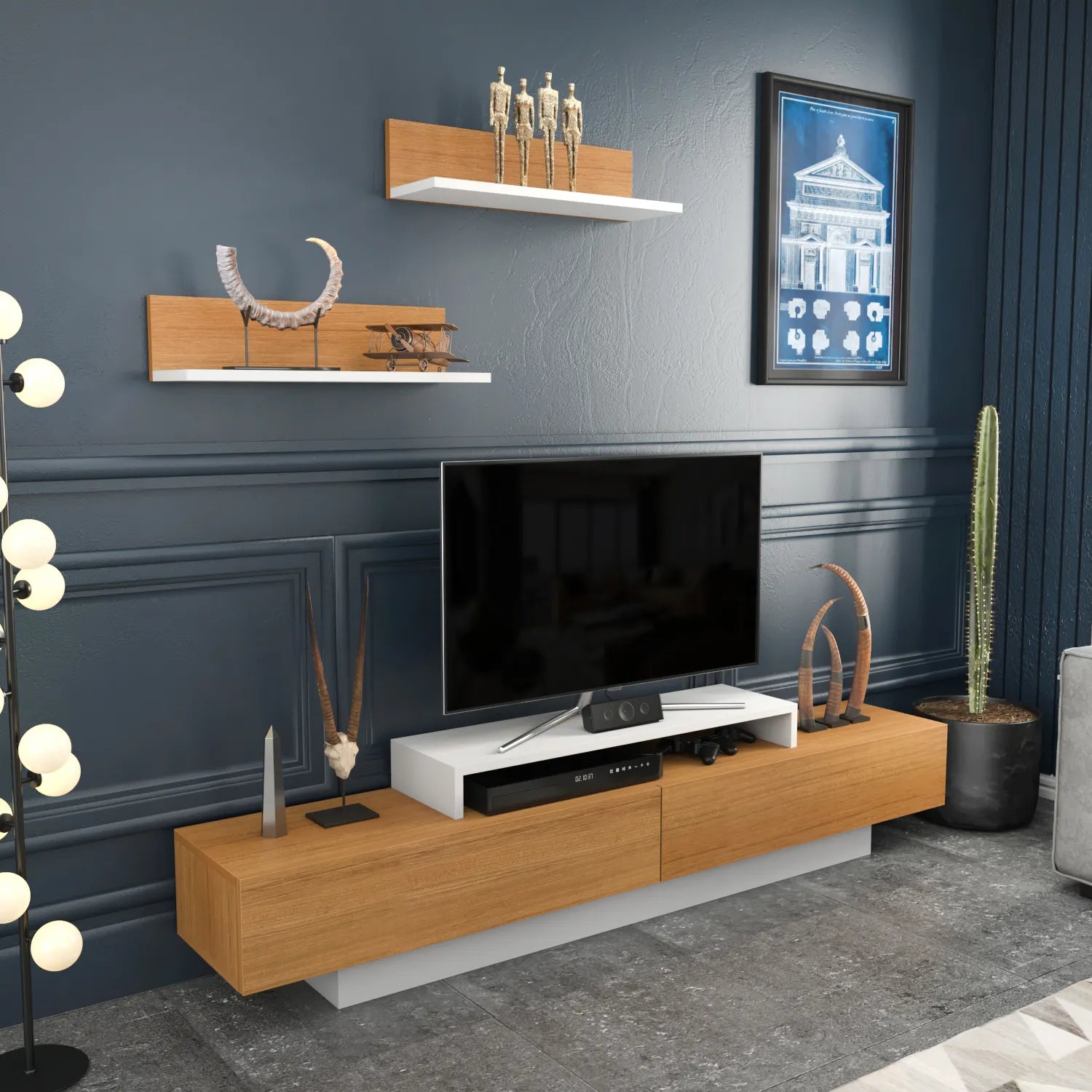 lusi tv stand teak white angle