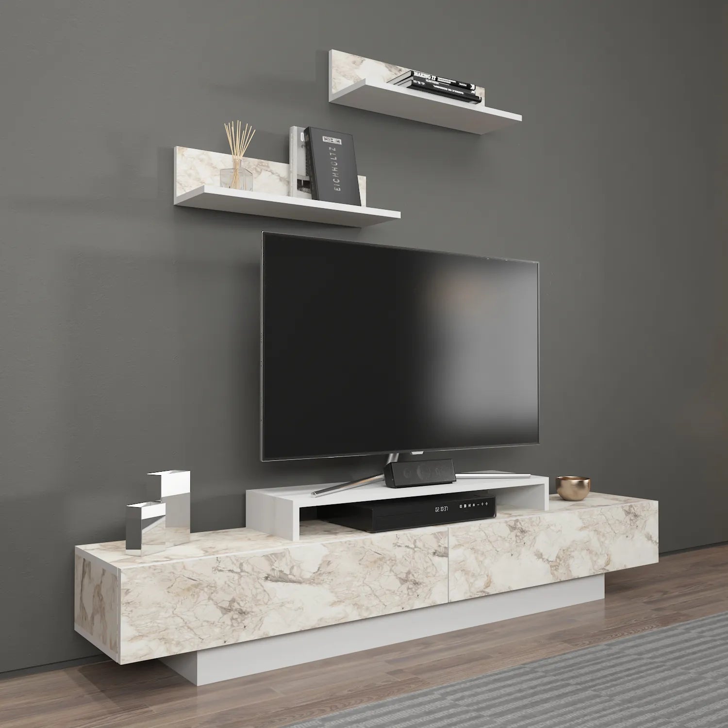 lusi tv stand white marble effect angle