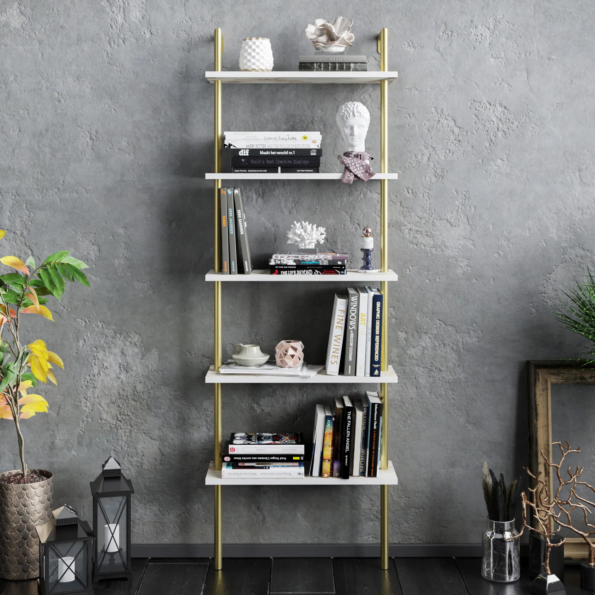 paula ladder bookcase white marble effect front