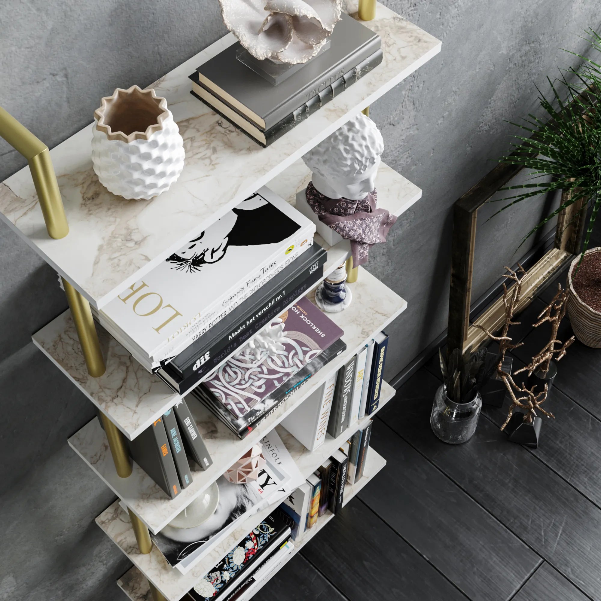 paula ladder bookcase white marble effect top