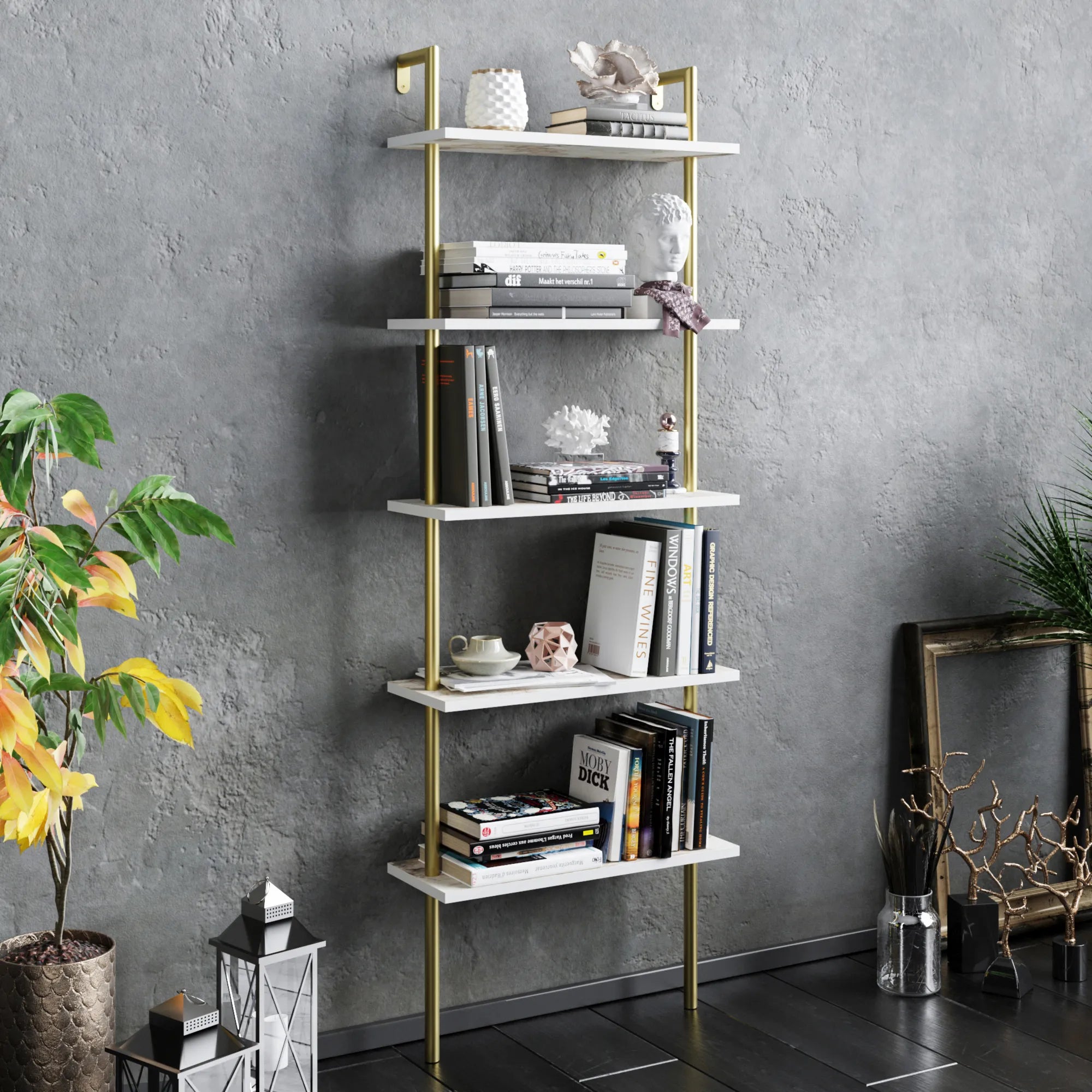 paula ladder bookcase white marble effect angle