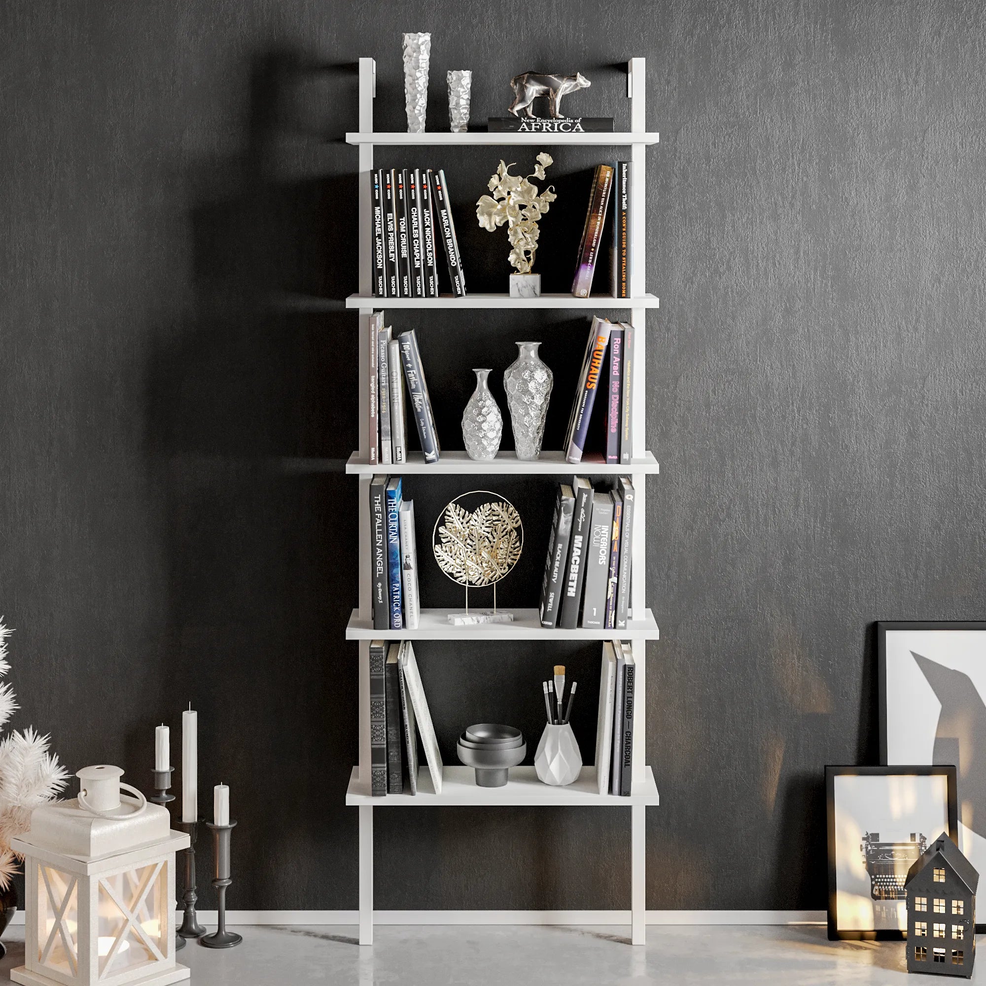 Piante 68 inches Tall Metal Manufactured Wood Accent Ladder Bookcase