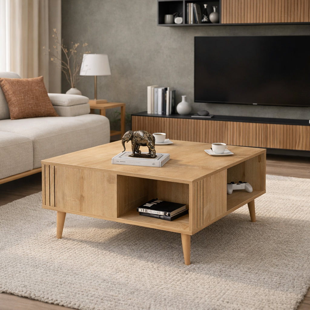 Ronas 35 inch Wide Square Coffee Table with Open Shelf Storage | Cocktail Table