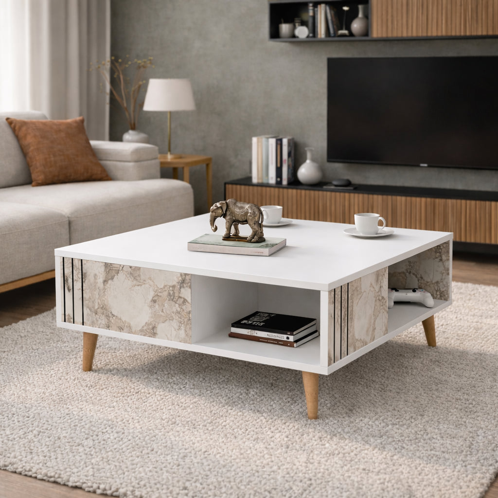 Ronas 35 inch Wide Square Coffee Table with Open Shelf Storage | Cocktail Table