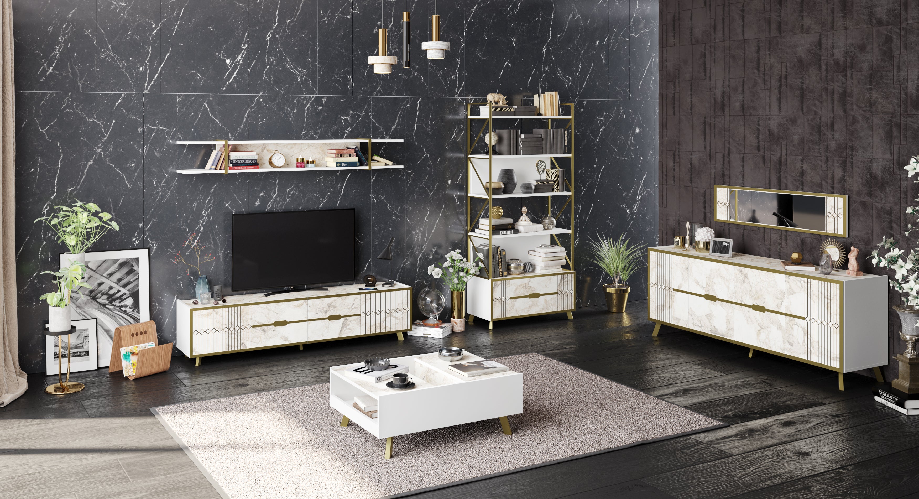 Frida 90 Bookcase - Ephesus Marble & Gold