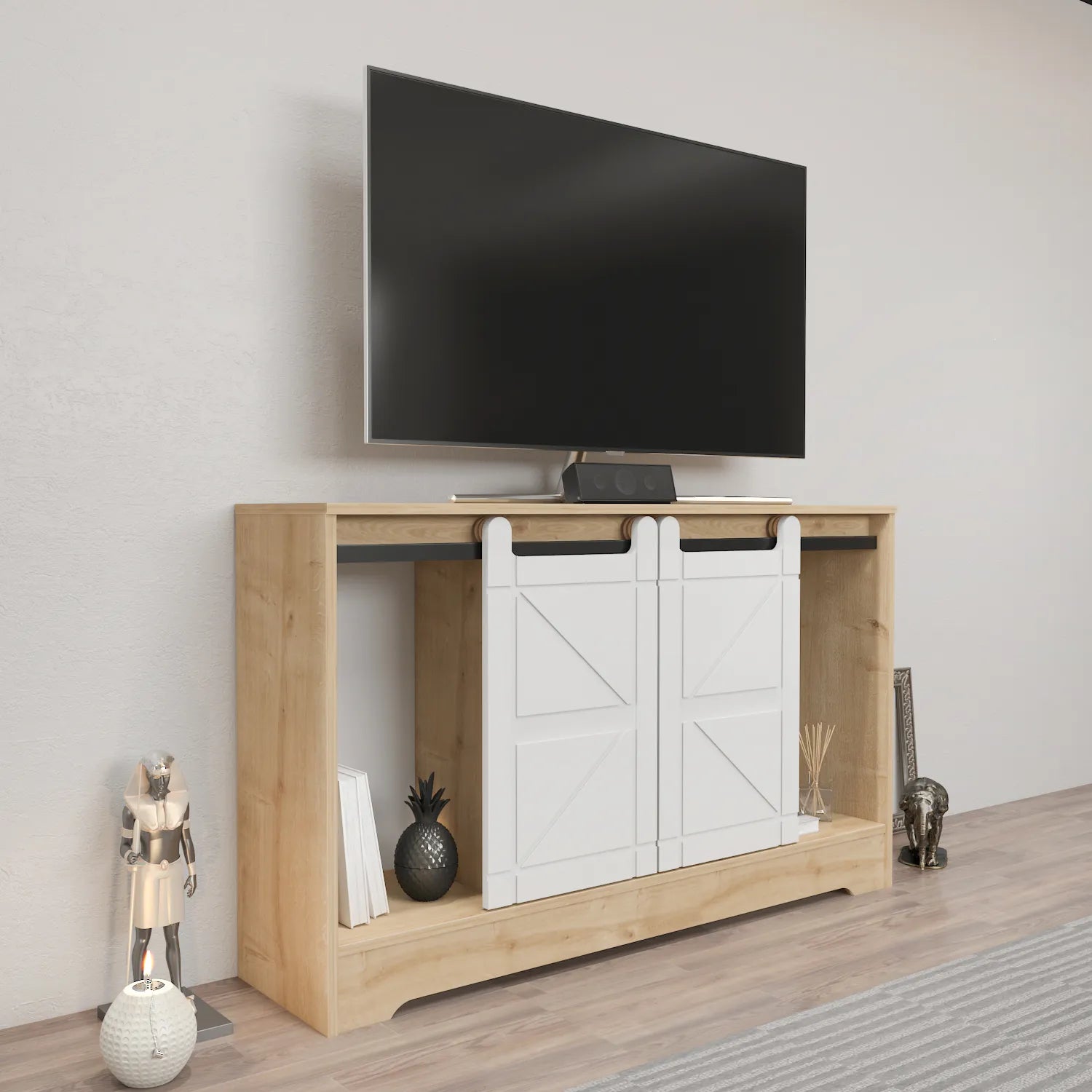 Ahris 55 inch Wide TV Stand Media Console with Sliding Barn Doors for TVs up to 65 inch