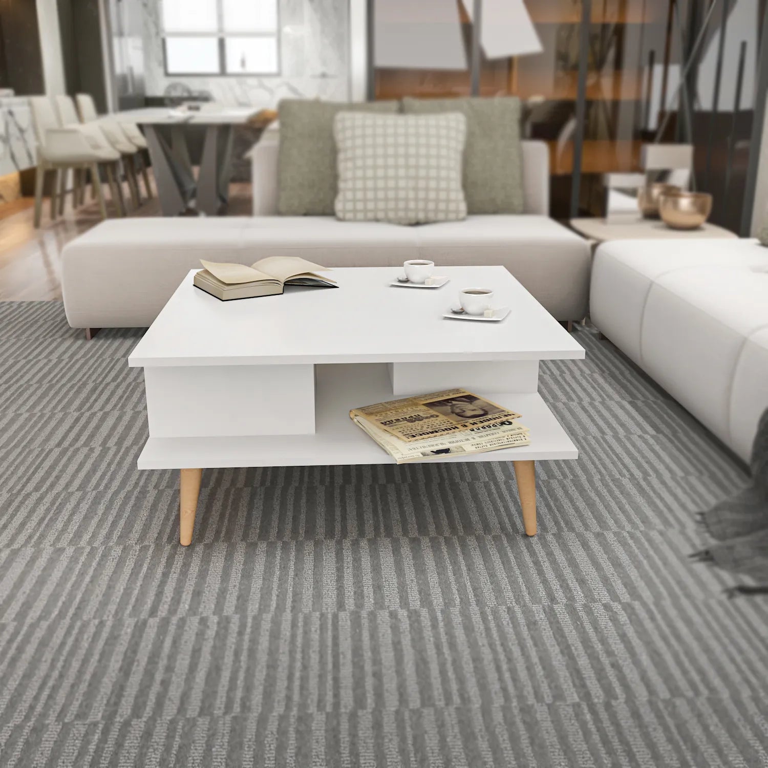 Akya 35 inch Wide Square Coffee Table with Open Shelf Storage