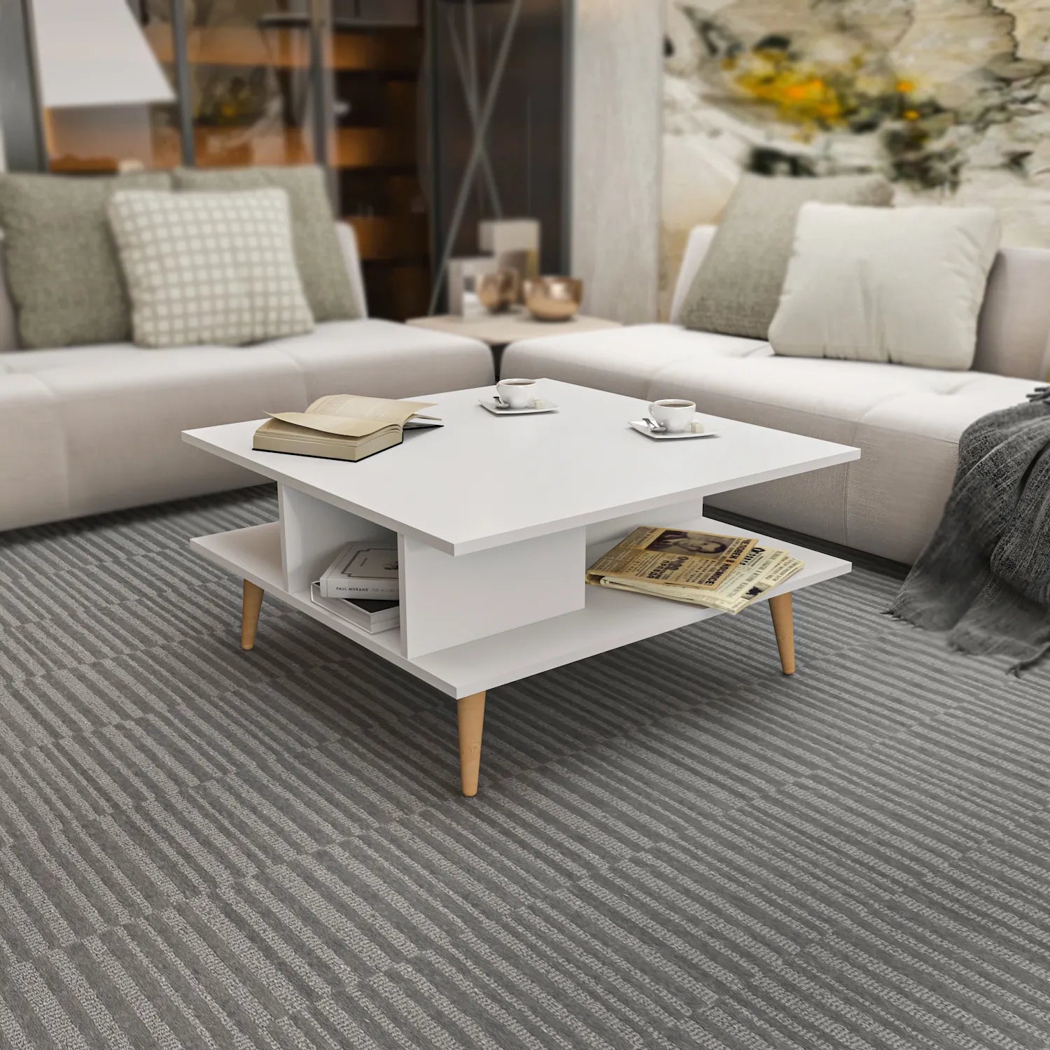 Akya 35 inch Wide Square Coffee Table with Open Shelf Storage