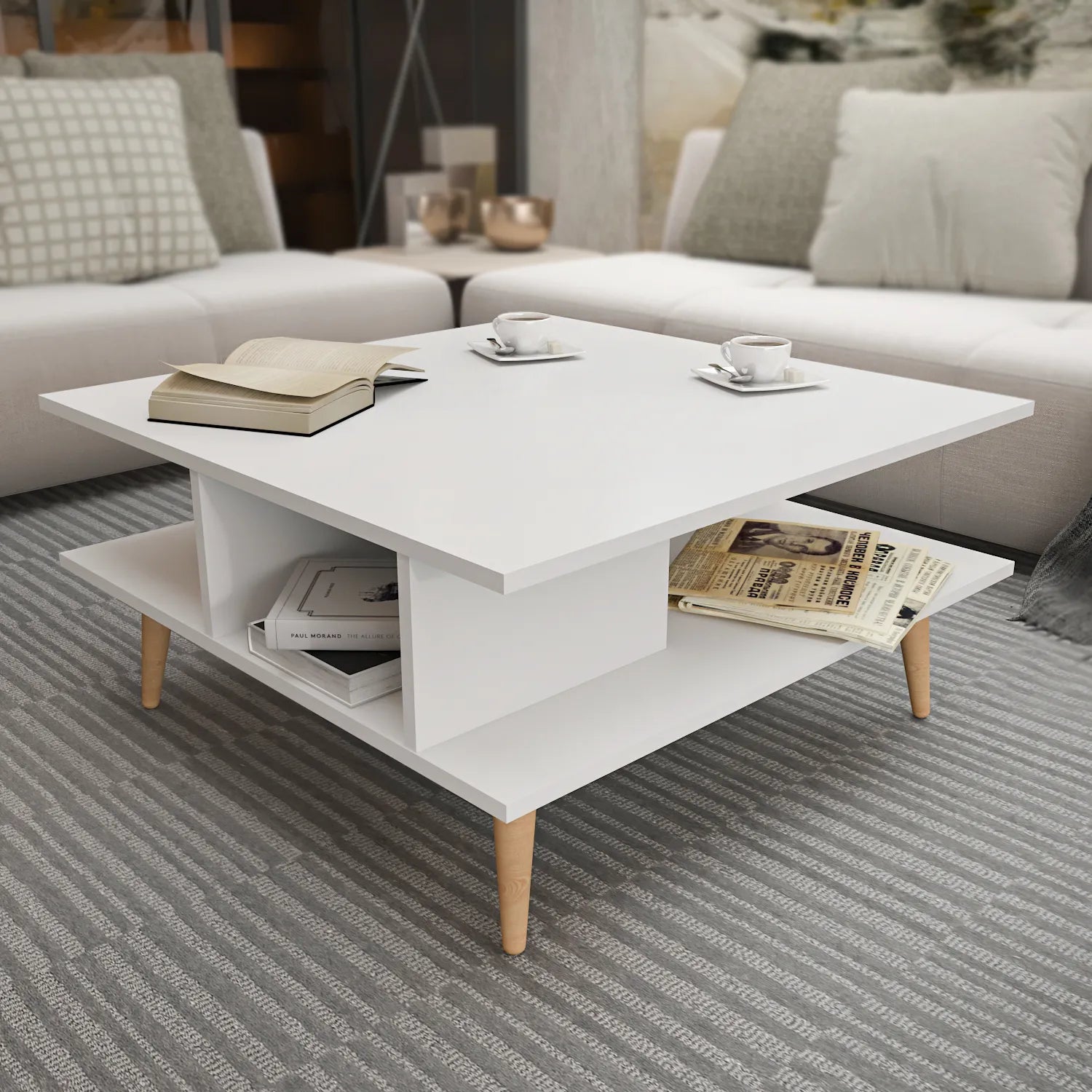 Akya 35 inch Wide Square Coffee Table with Open Shelf Storage
