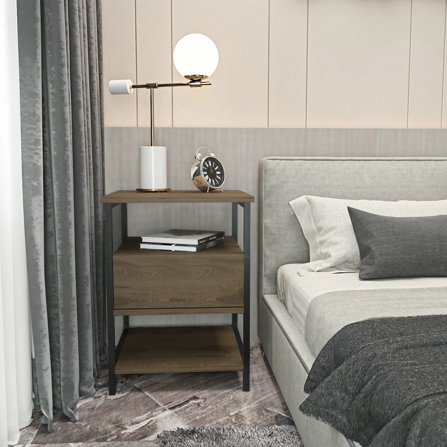 Alba Nightstand Side Table with Metal Frame