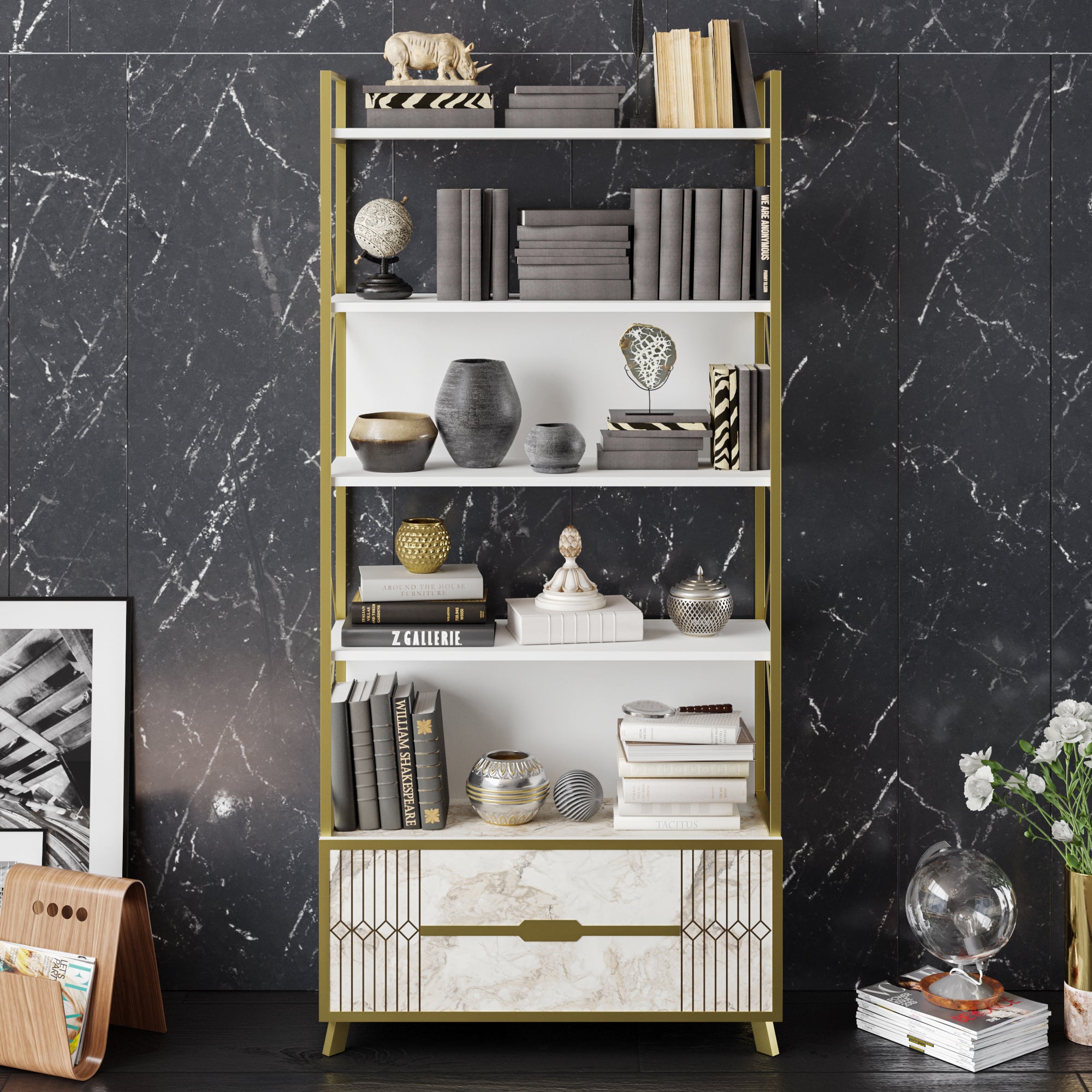Frida 90 Bookcase - Ephesus Marble & Gold
