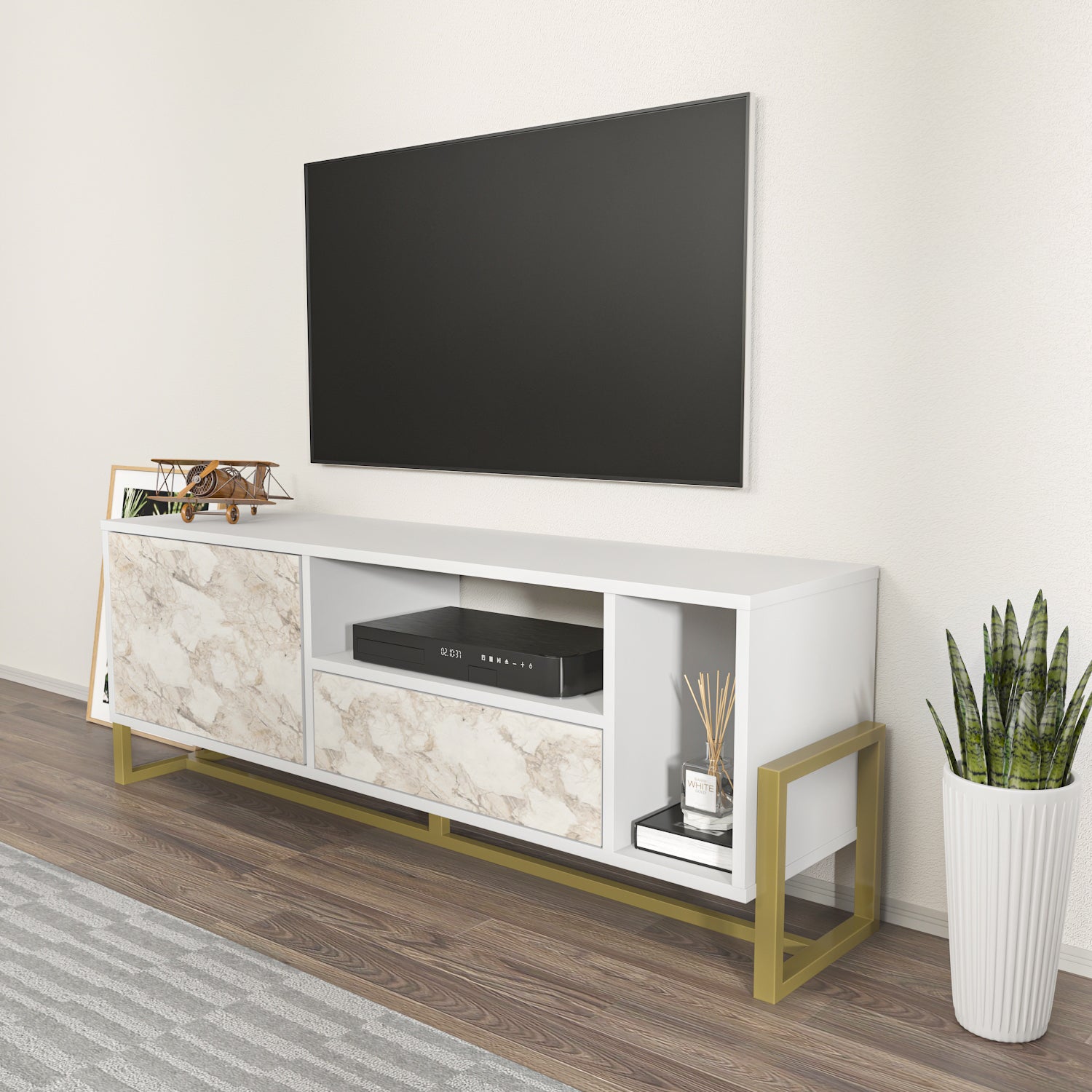 Utopia 55.1" Wide Modern TV Stand with Metal Legs | TV Console with Storage Cabinet