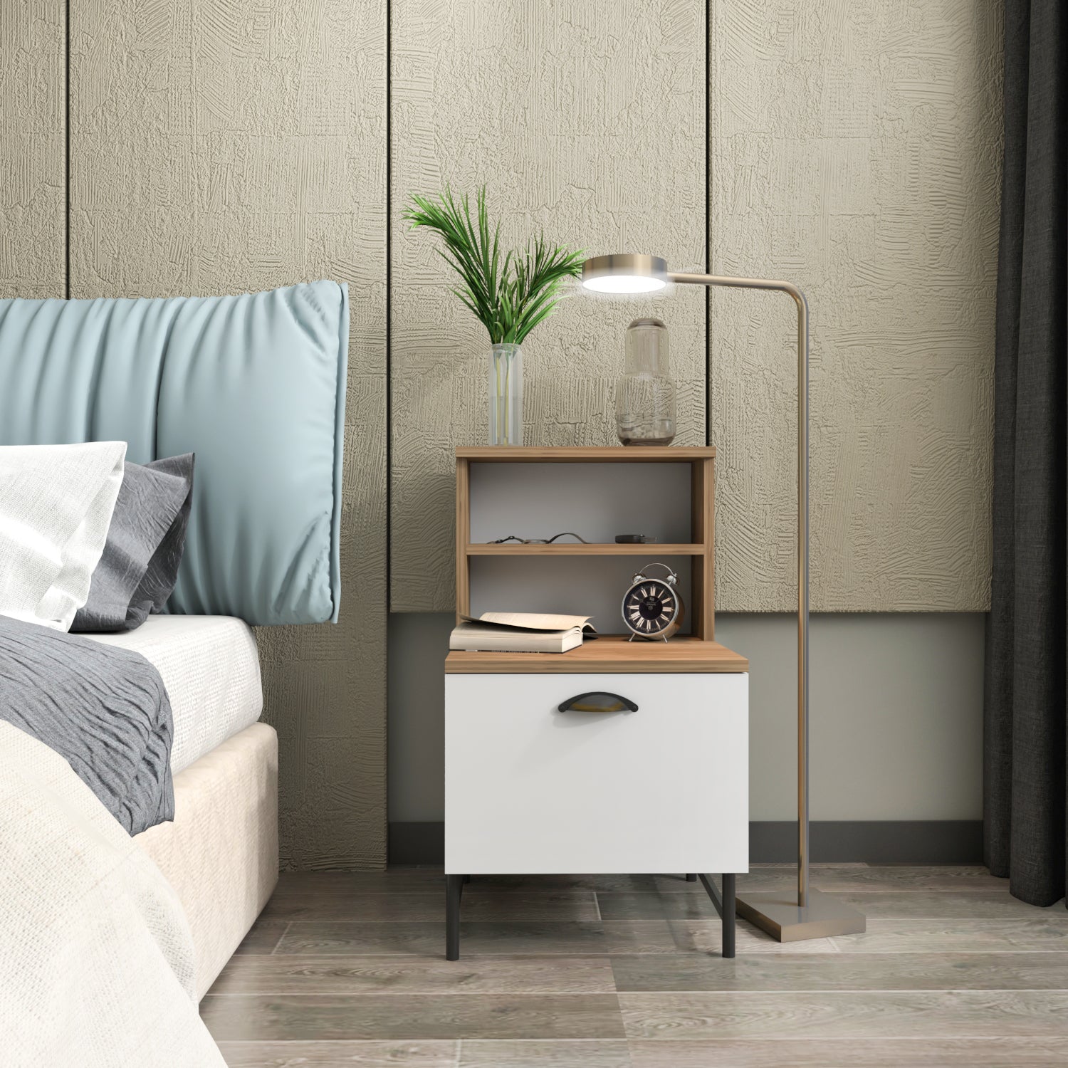 Cressi Wood Nightstand with Metal Legs Cabinet and Open Shelf Storage