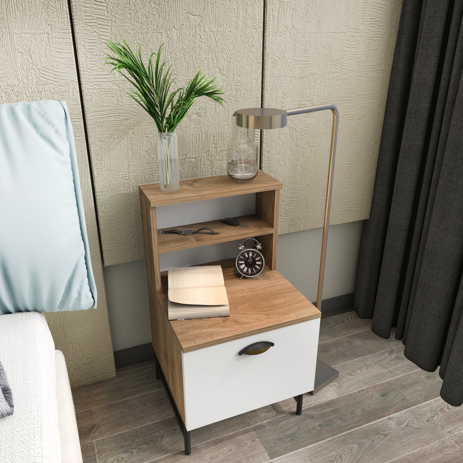 Cressi Wood Nightstand with Metal Legs Cabinet and Open Shelf Storage