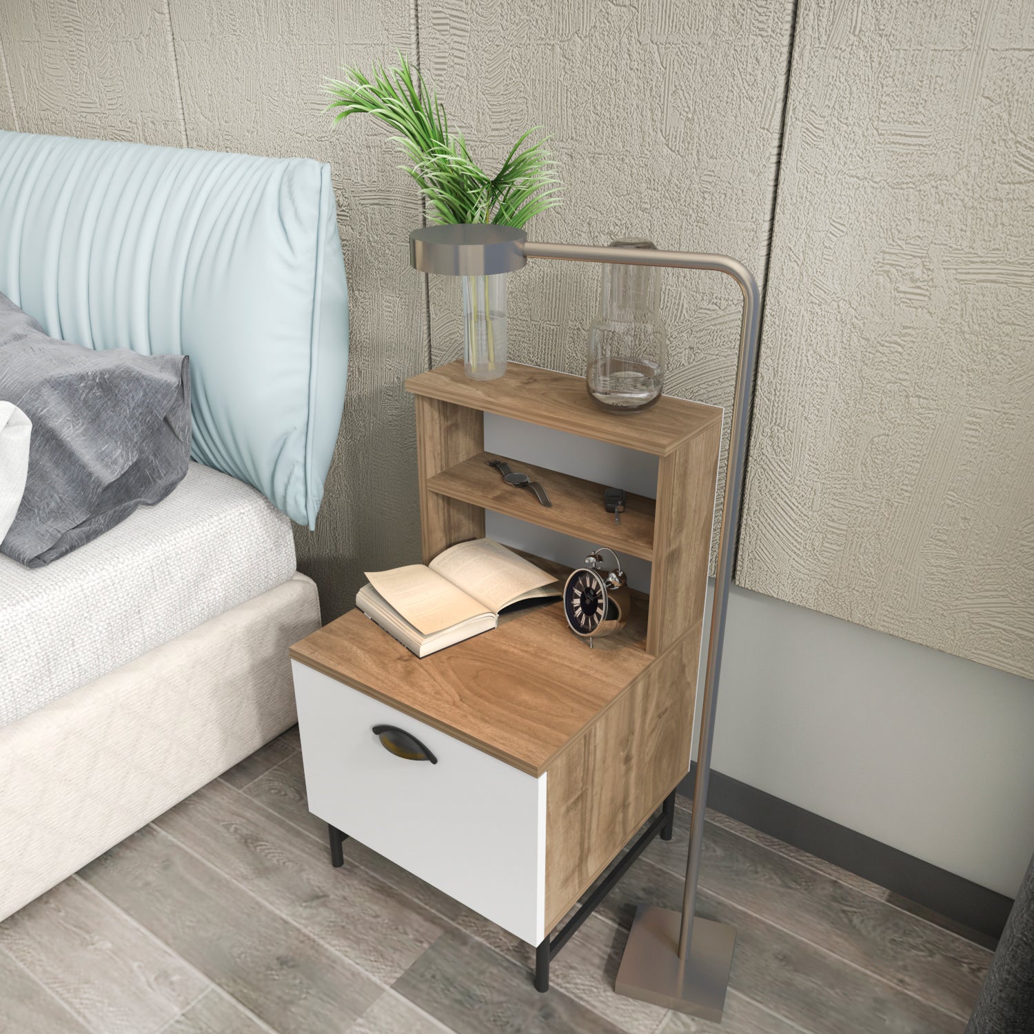 Cressi Wood Nightstand with Metal Legs Cabinet and Open Shelf Storage
