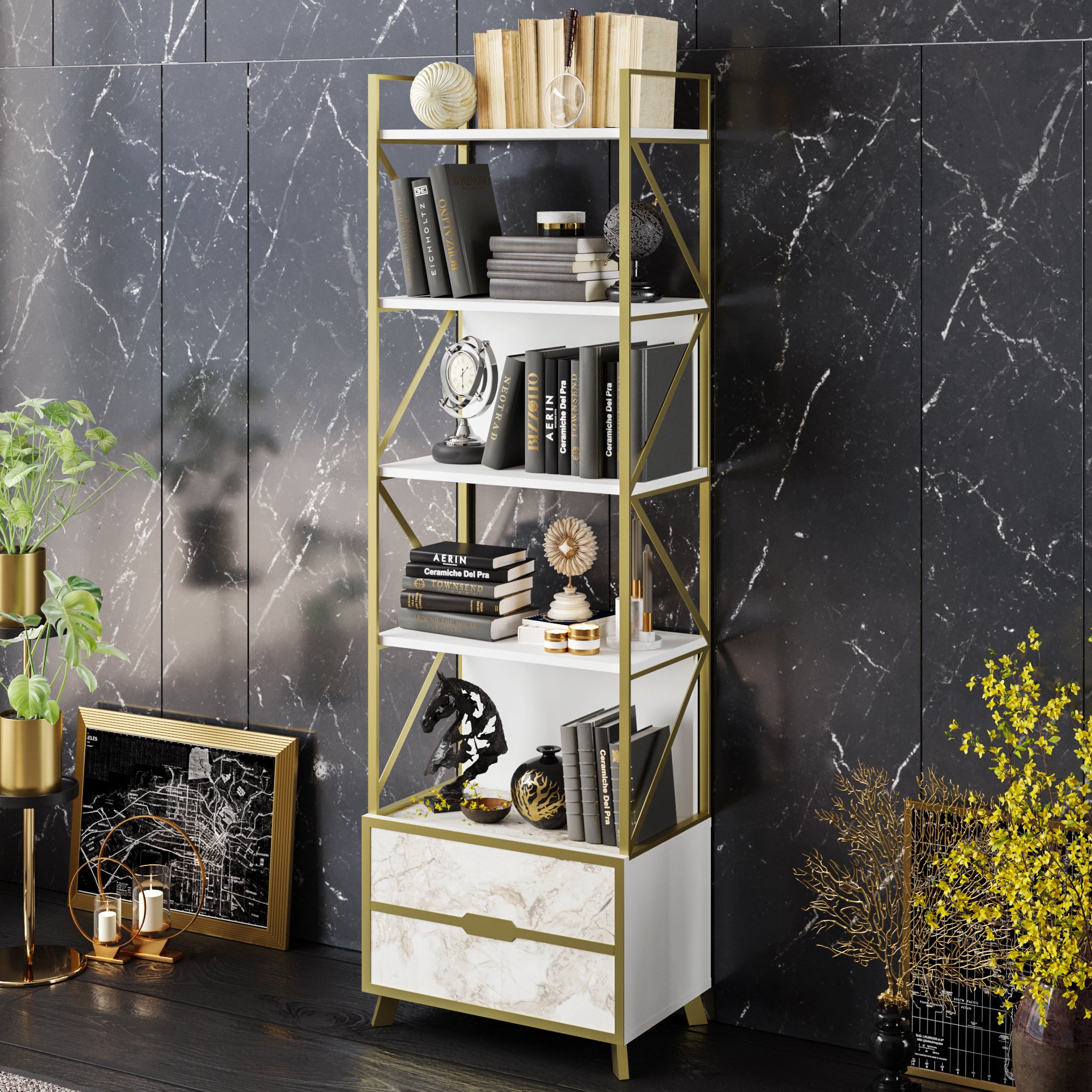 Frida 60 Bookcase - Ephesus Marble & Gold