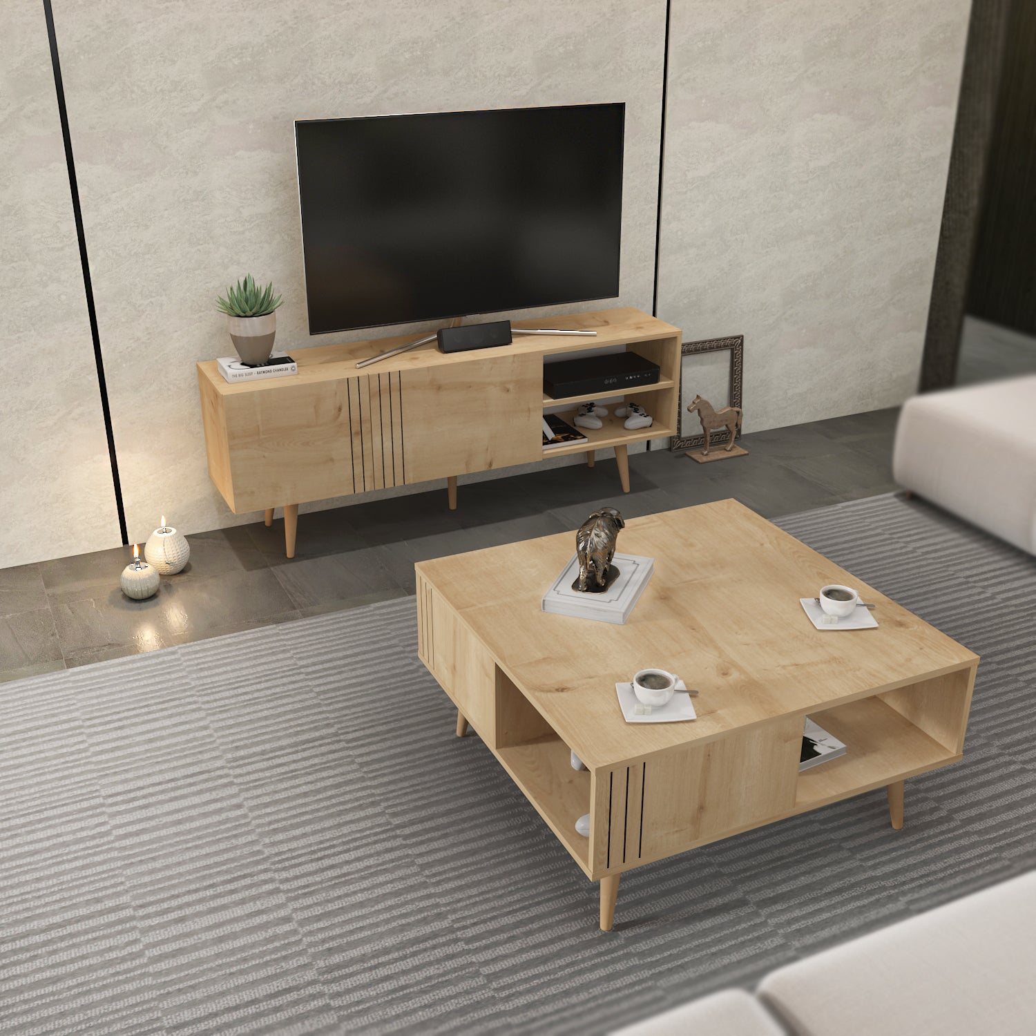 Decorotika Ronas Modern Living Room Set with Wood TV Stand and Wood Coffee Table