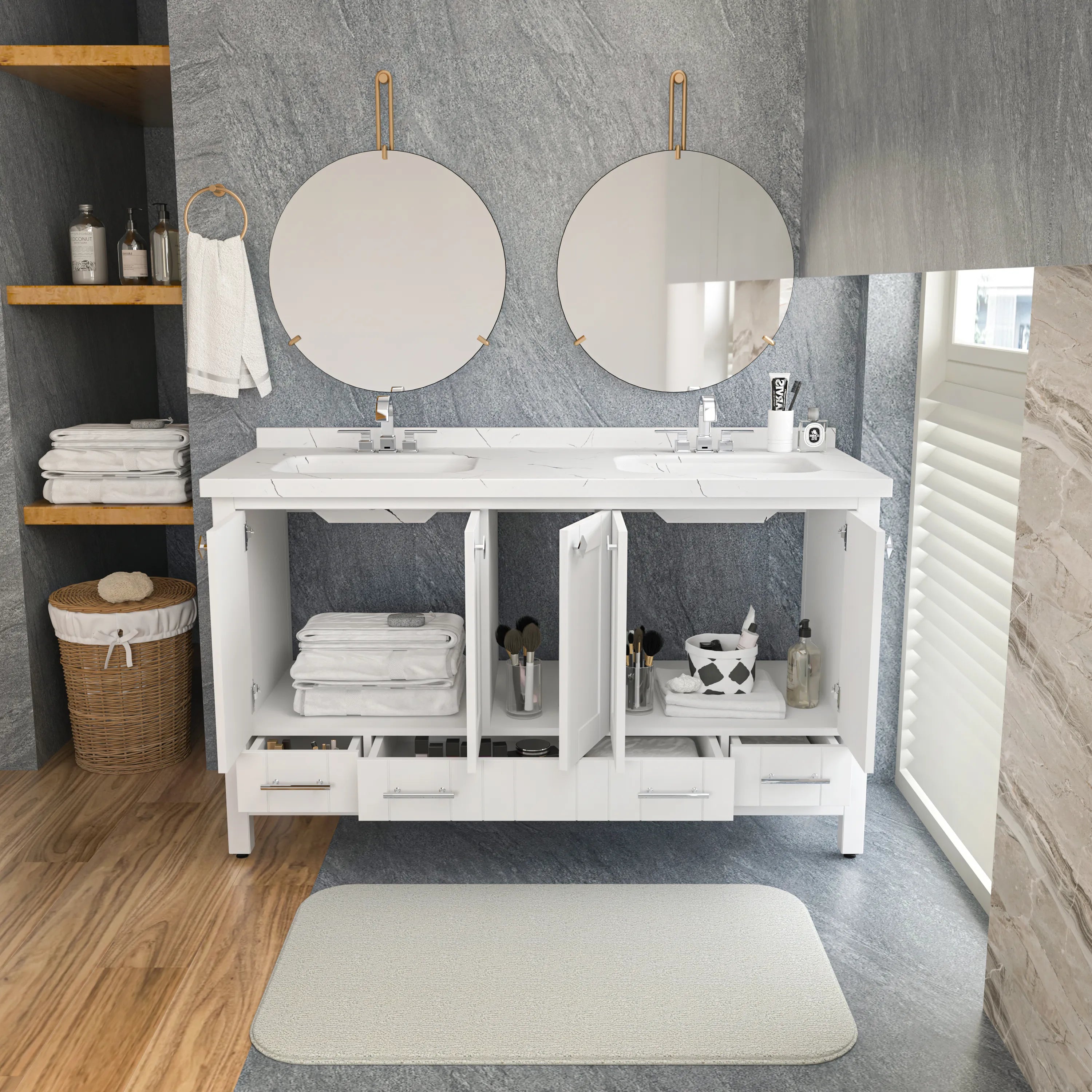 Kardelen 59'' Wide Free-standing Double Bathroom Vanity with Engineered Marble Vanity Top