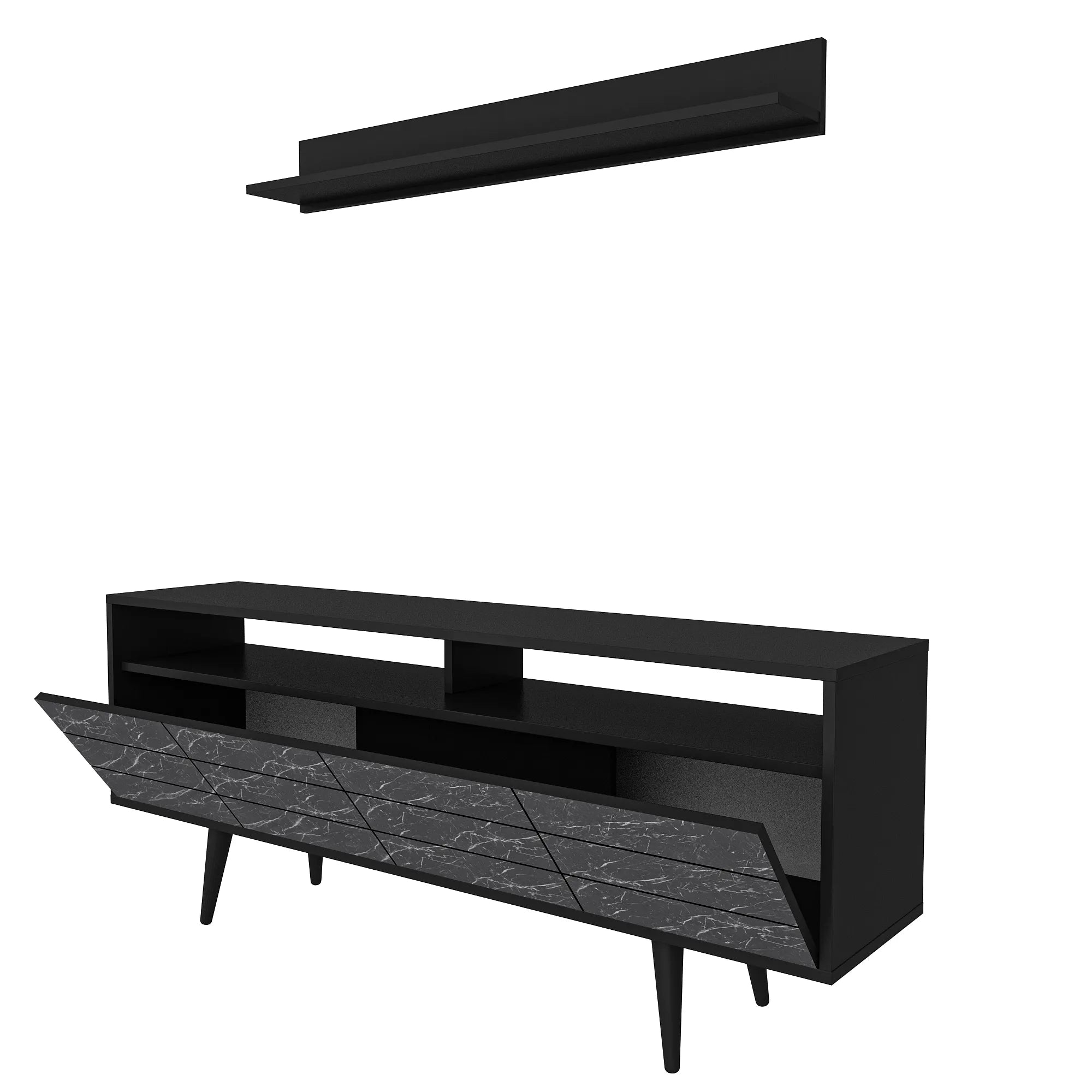 Ola 63 inch Wide TV Stand Media Console with Wall Shelf for TVs up to 72 inch