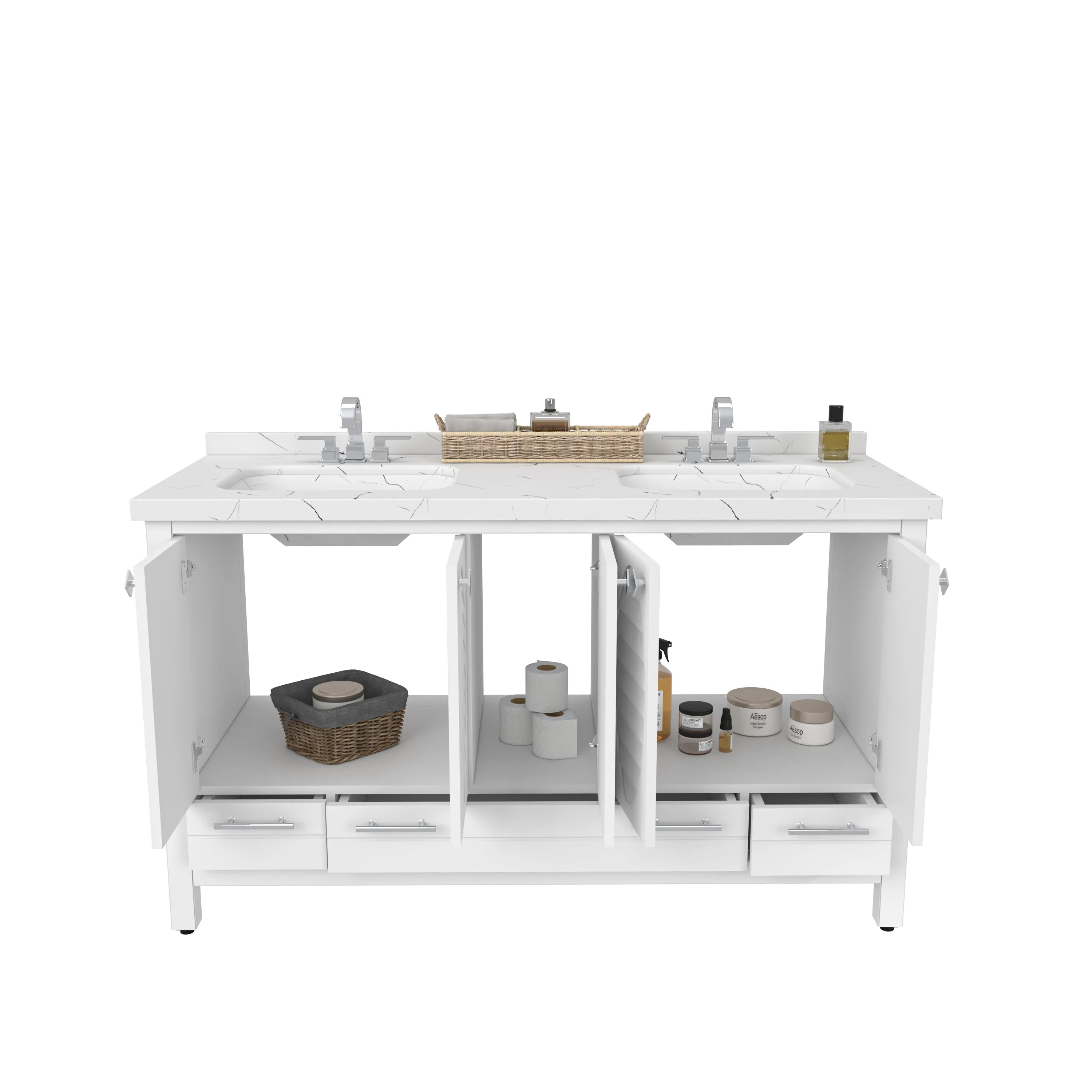 Papatya 59'' Wide Free-standing Double Bathroom Vanity with Engineered Marble Vanity Top