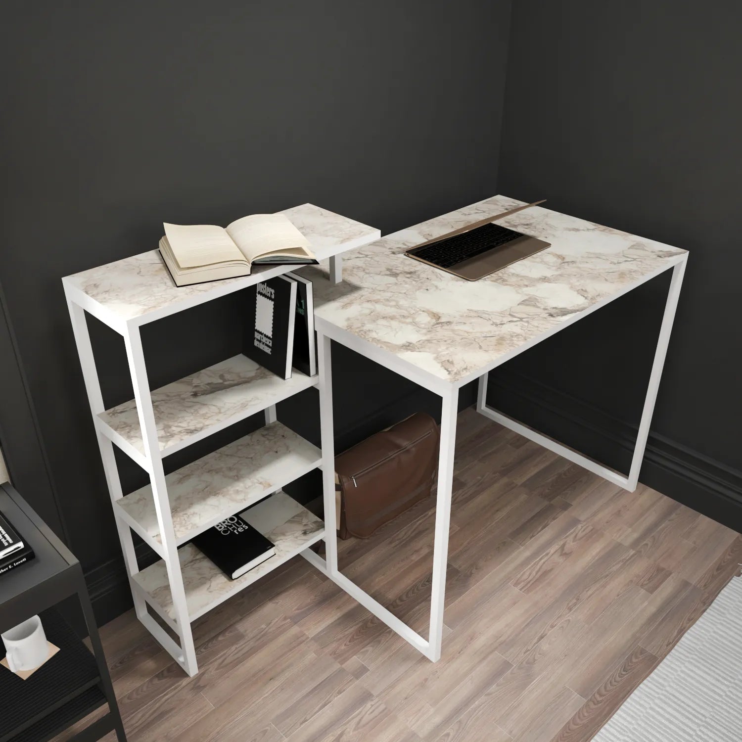 Rino 52 inch Wide Industrial Computer Writing Desk with Bookshelf