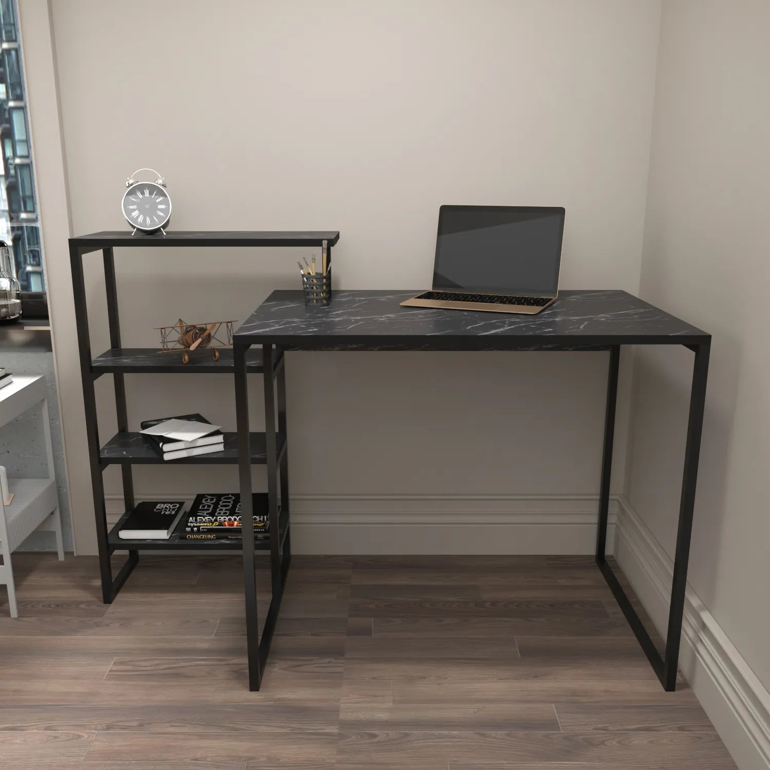 Rino 52 inch Wide Industrial Computer Writing Desk with Bookshelf