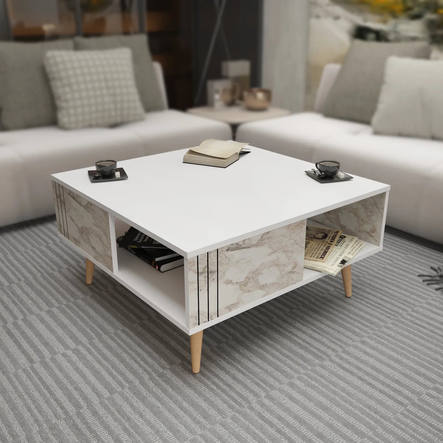 Ronas 35 inch Wide Square Coffee Table with Open Shelf Storage | Cocktail Table