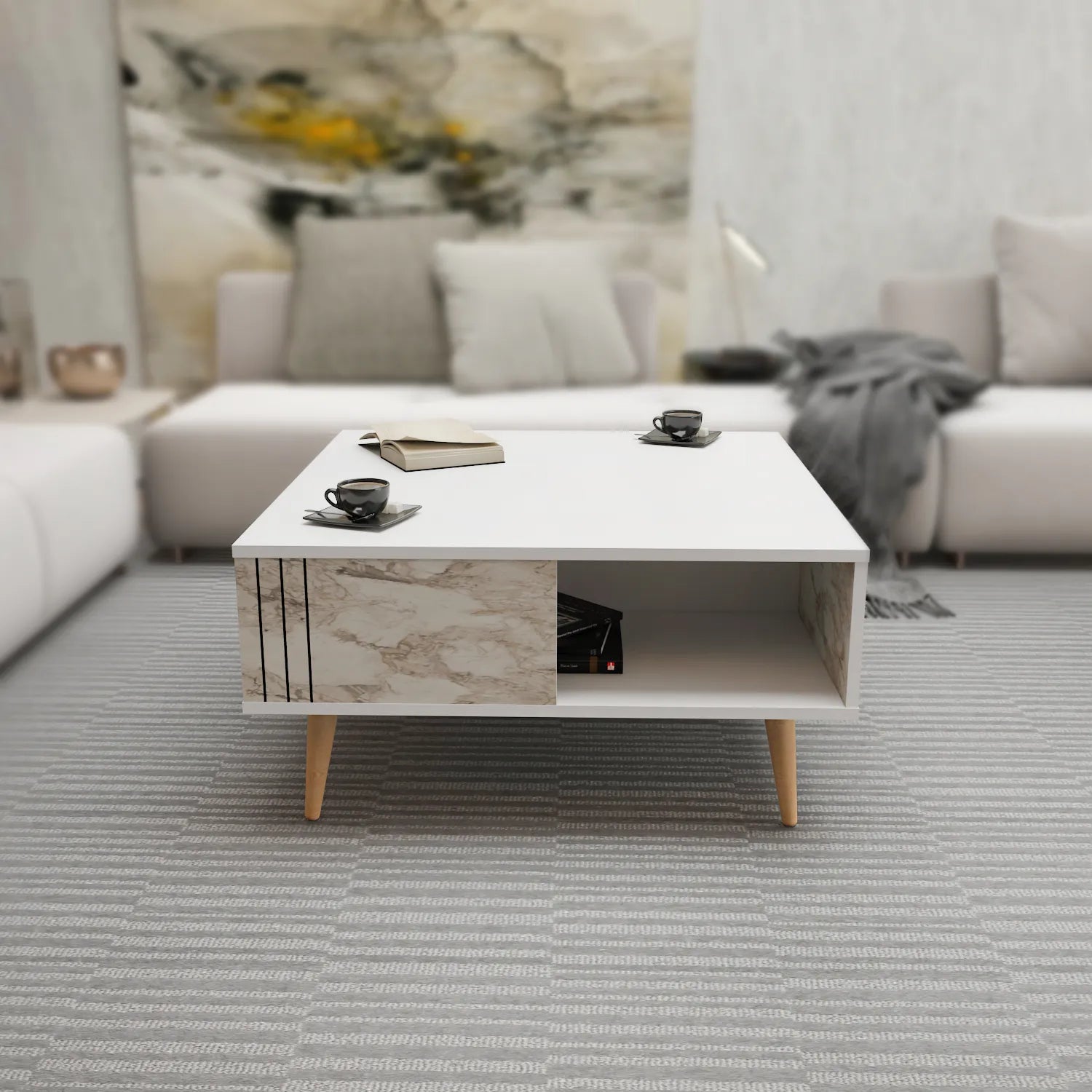 Ronas 35 inch Wide Square Coffee Table with Open Shelf Storage | Cocktail Table