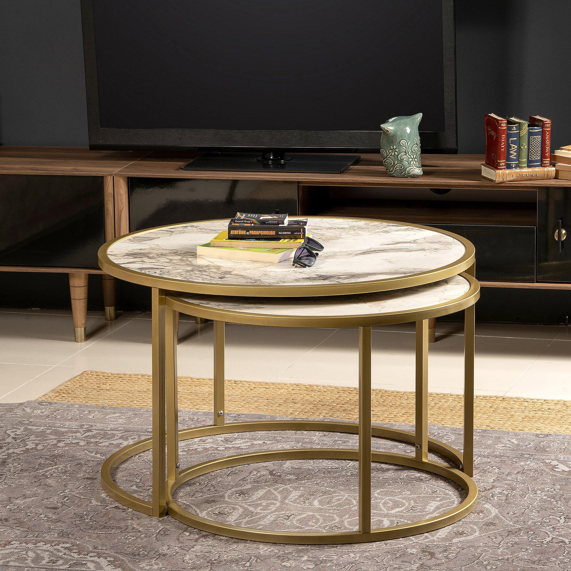 Tambur Metal Manufactured Wood Round Nesting Coffee Table - Set of 2 - Decorotika