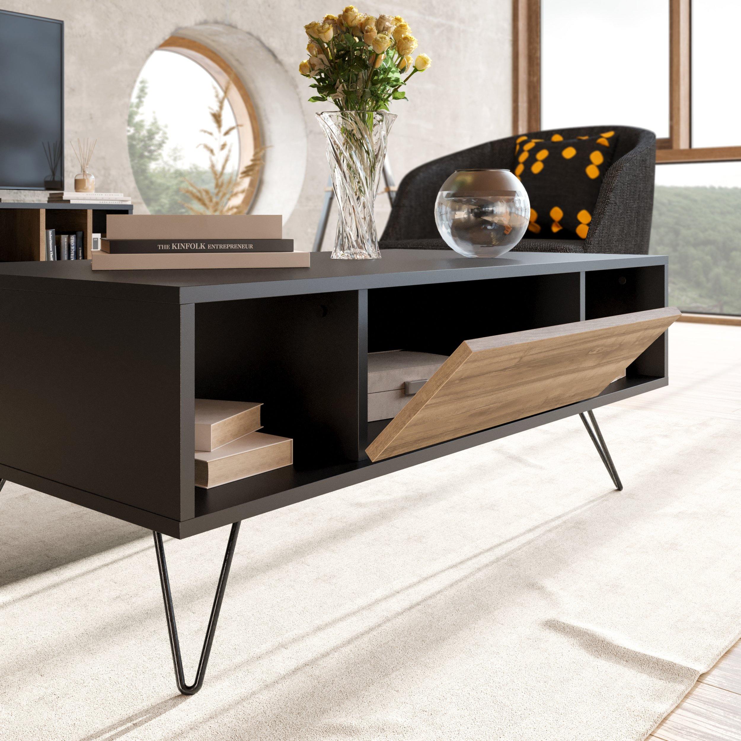 Mistico 47" Wide Coffee Table with A Cabinet and Shelves - Decorotika