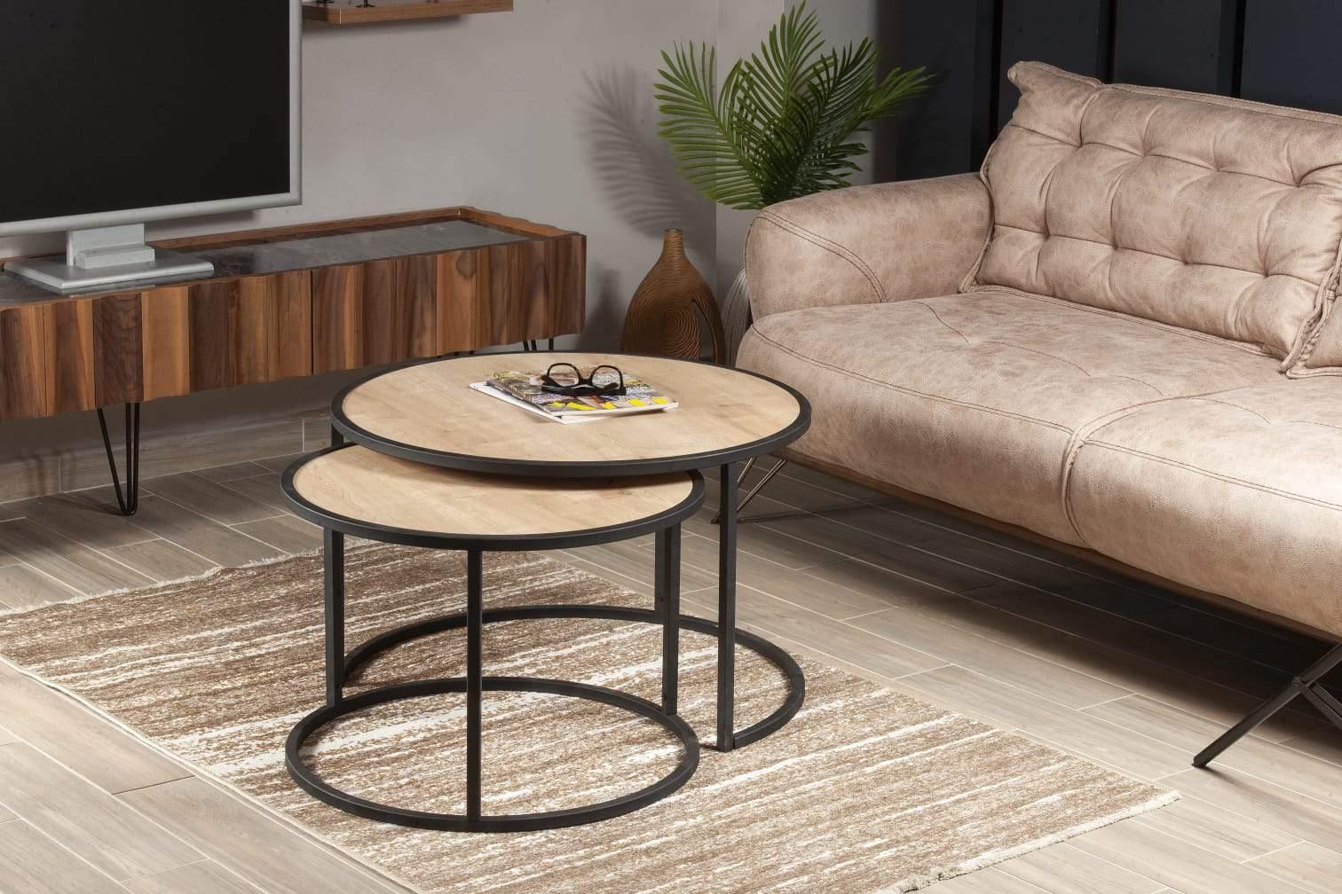 Tambur Metal Manufactured Wood Round Nesting Coffee Table - Set of 2 - Decorotika