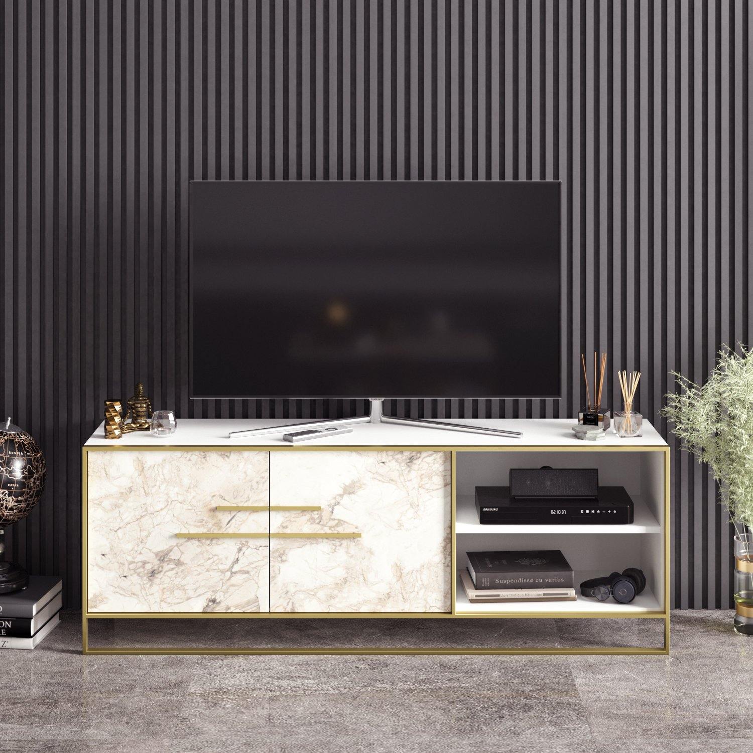 Polka 63" Wide Metal Wood TV Stand & Media Console for TVs up to 73" - Decorotika