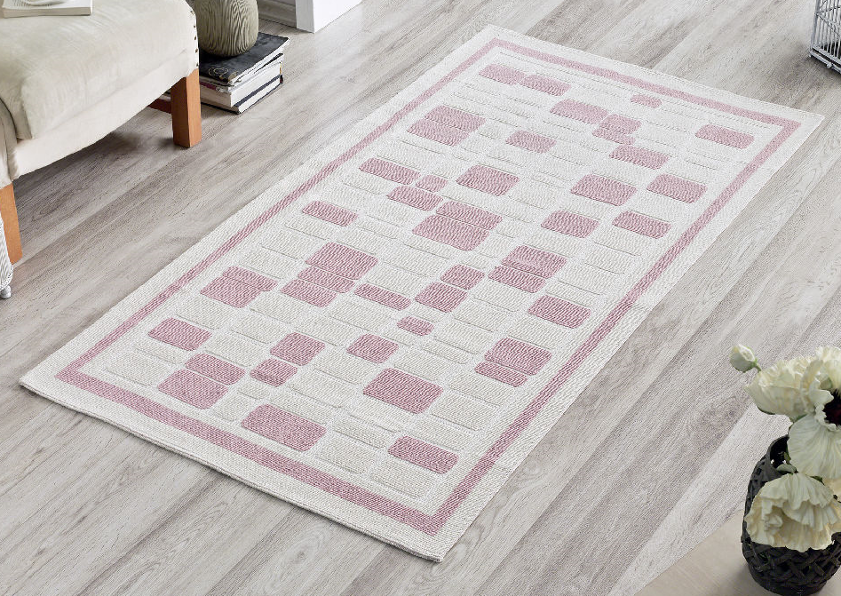 Mosaic Pattern 100% Turkish Cotton Bohemian Sanforized Washable Area Rug - Combination of Pink, White and Cream - Size 5' x 8' - Decorotika