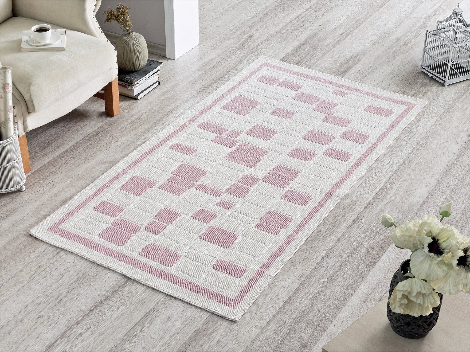 Mosaic 100% Cotton Bohemian Washable Area Rug - Light Pink and Off-White - Decorotika